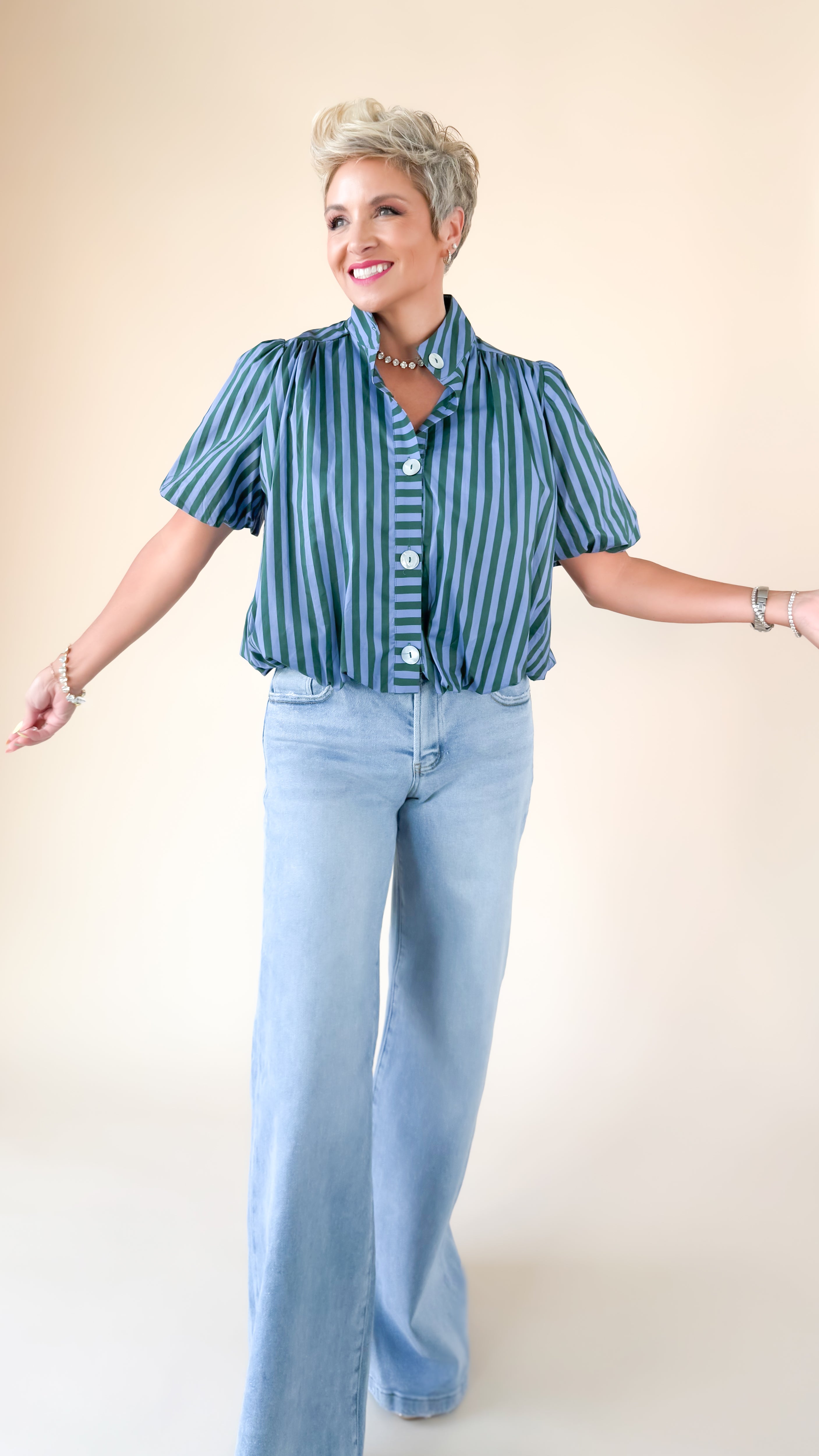 Brittany Crop Bubble Blouse/Blue