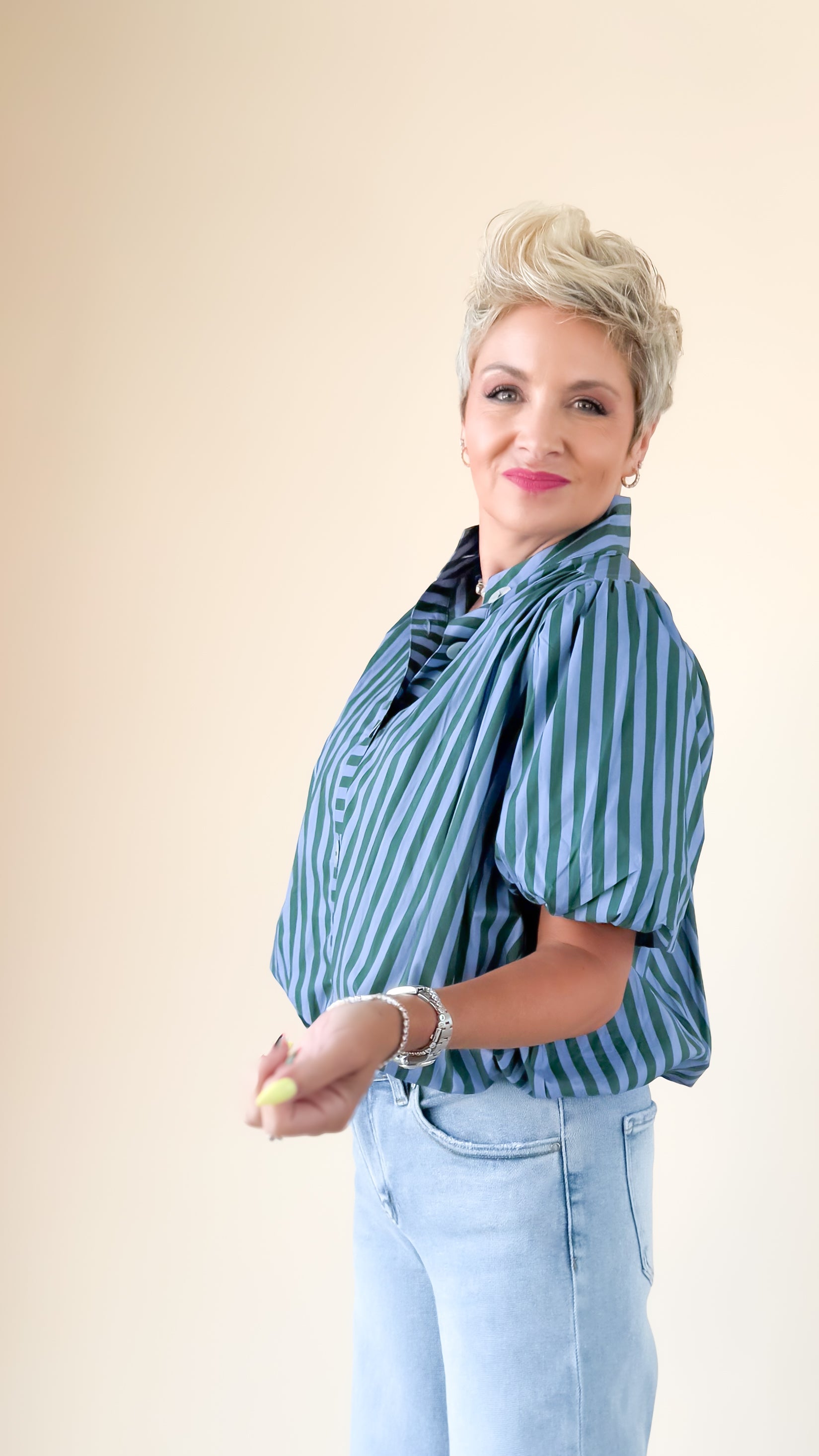 Brittany Crop Bubble Blouse/Blue