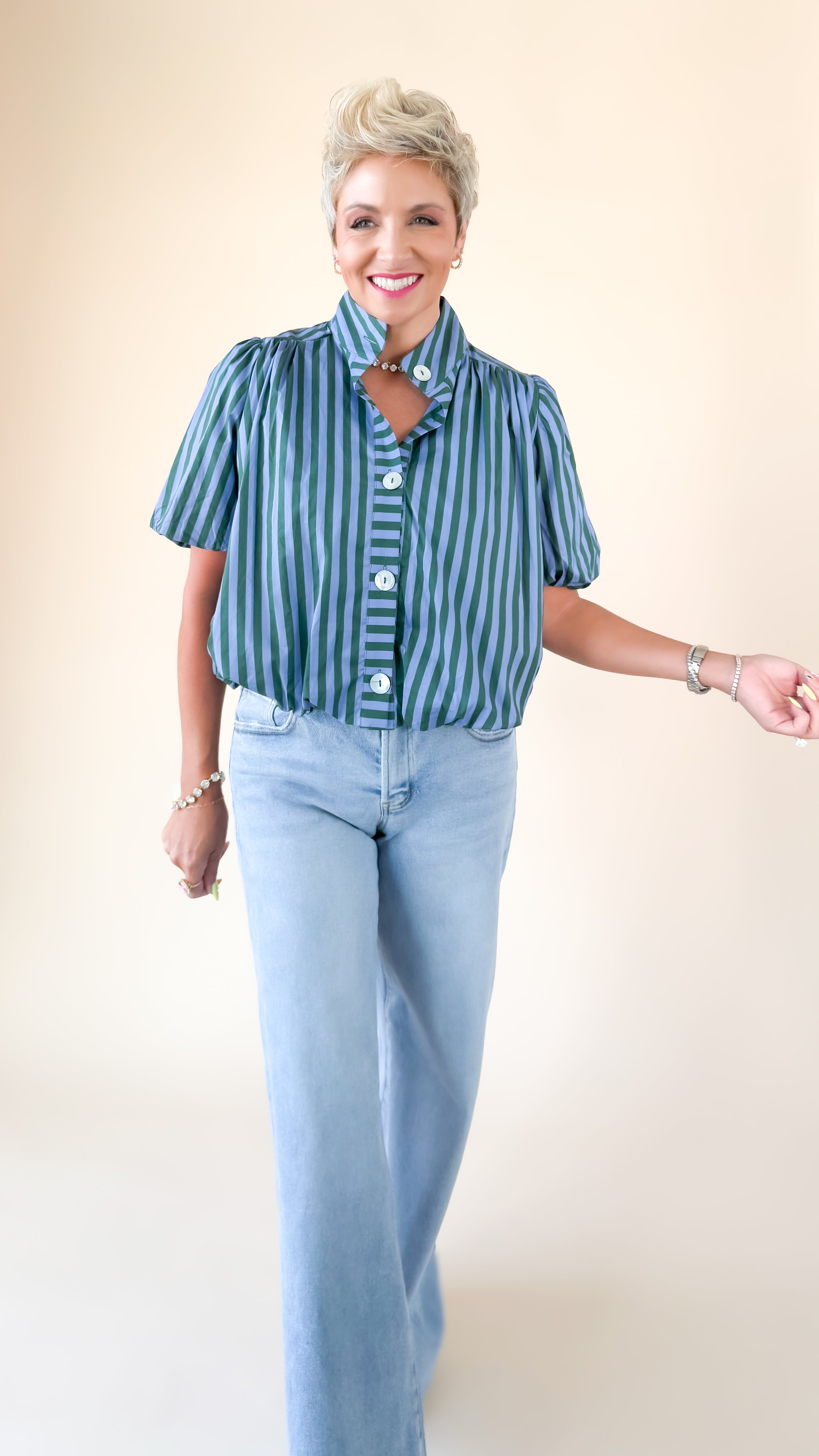 Brittany Crop Bubble Blouse/Blue