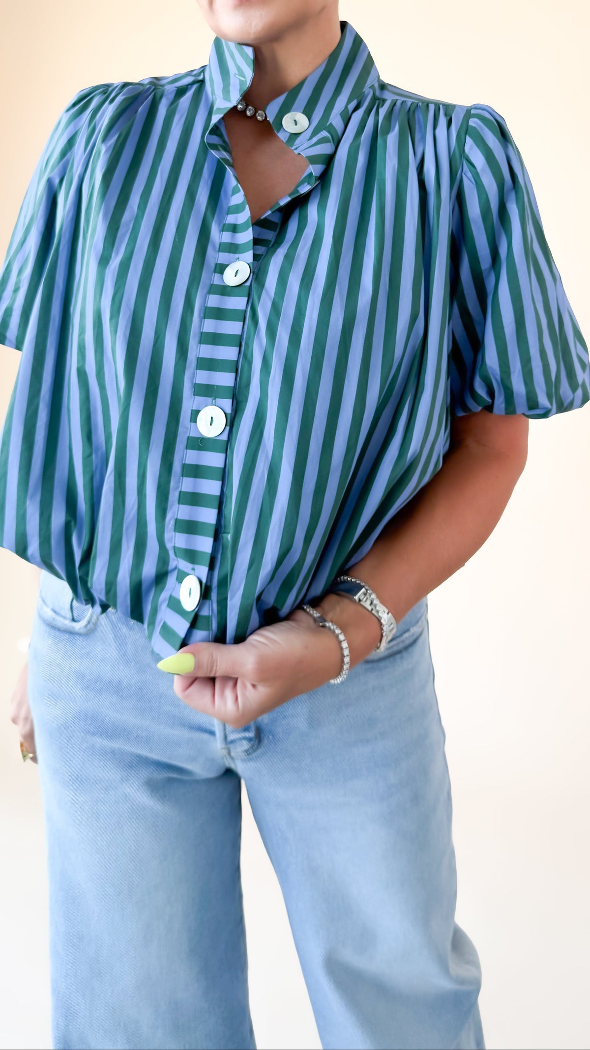Brittany Crop Bubble Blouse/Blue