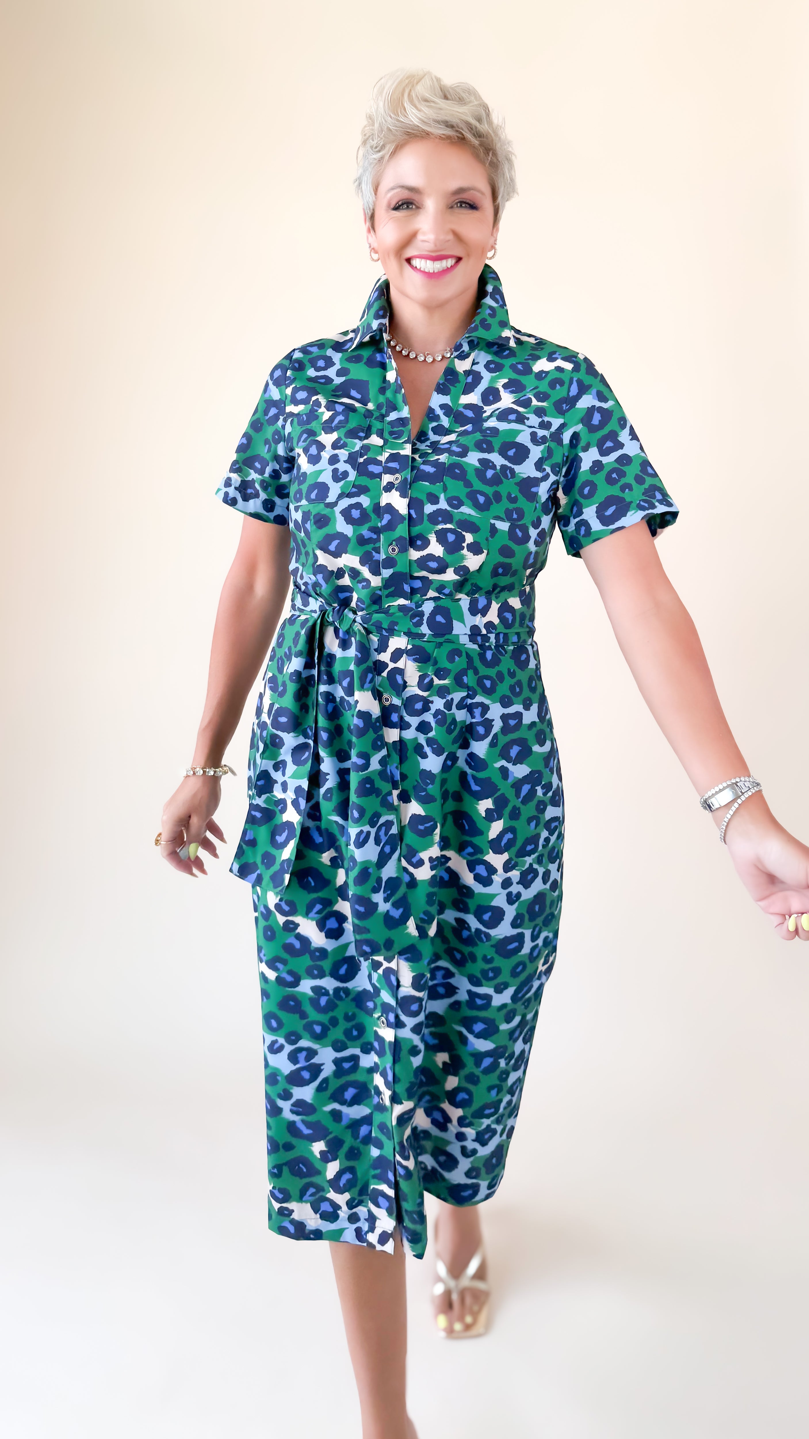 Belted Fitted Shirt Dress/Green Leopard