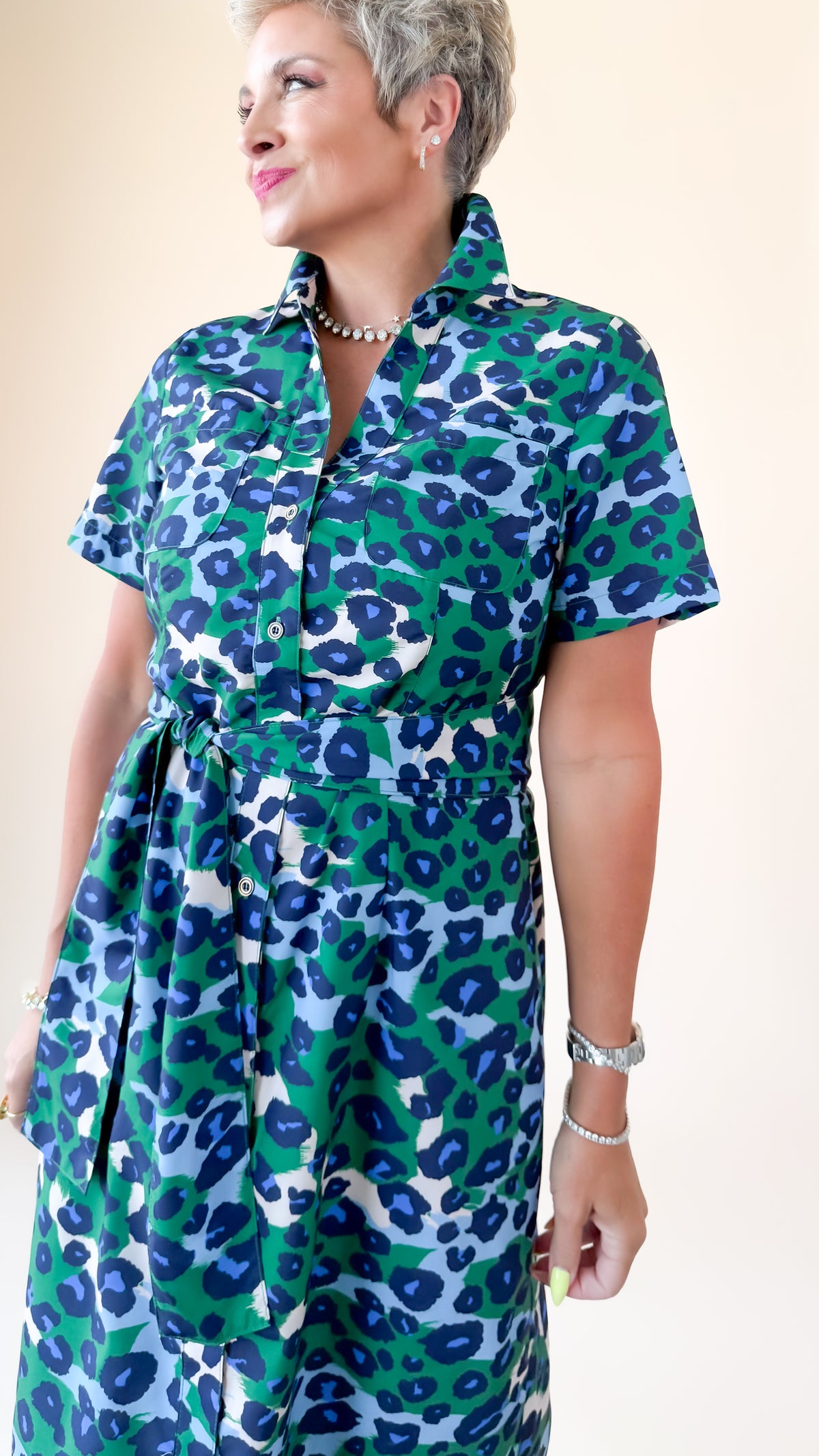 Belted Fitted Shirt Dress/Green Leopard