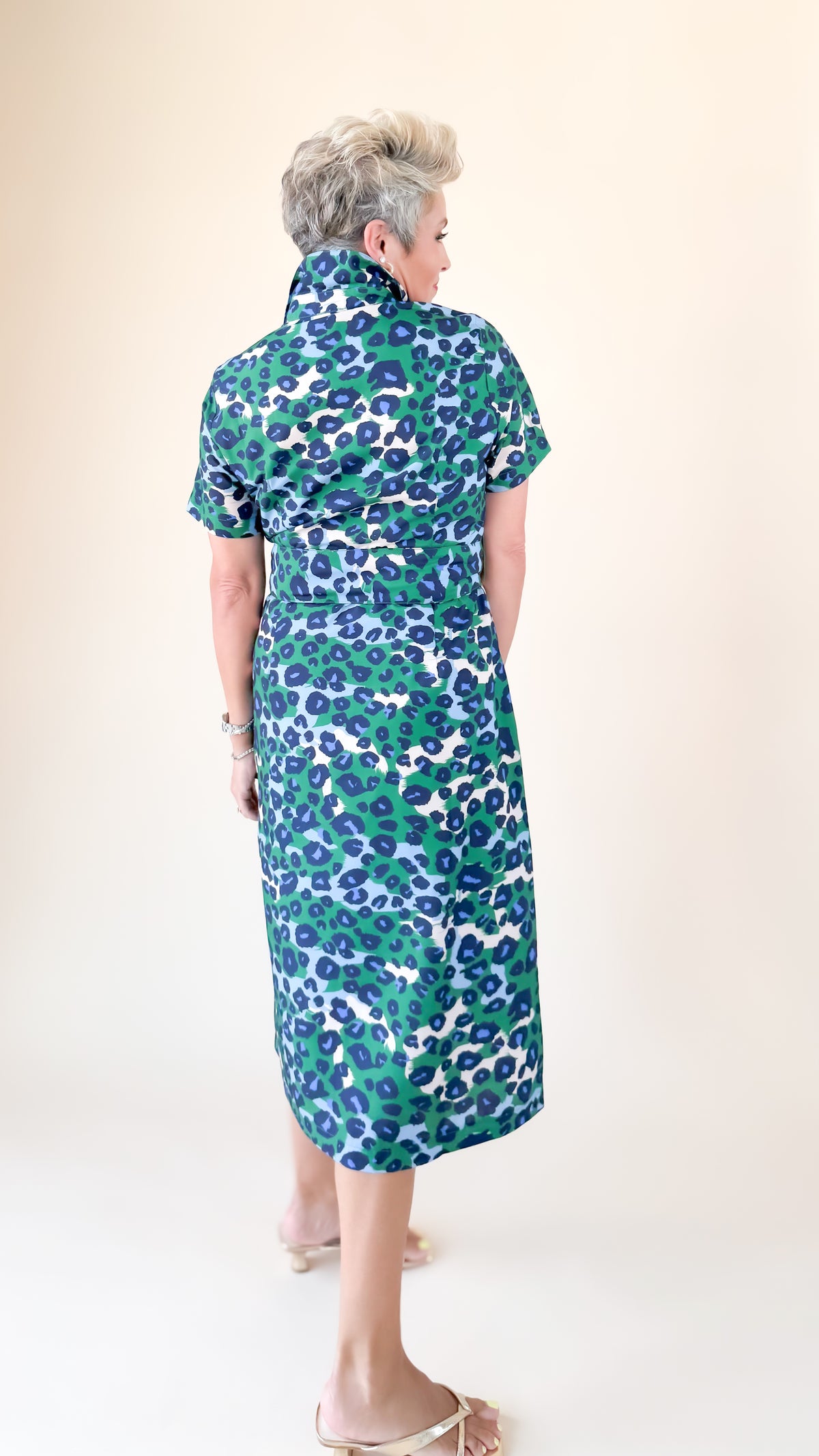 Belted Fitted Shirt Dress/Green Leopard