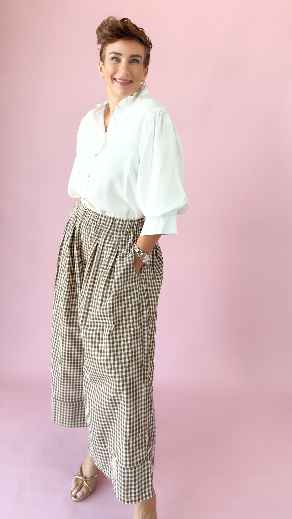 Gingham Wide-Leg Pants/Mocha