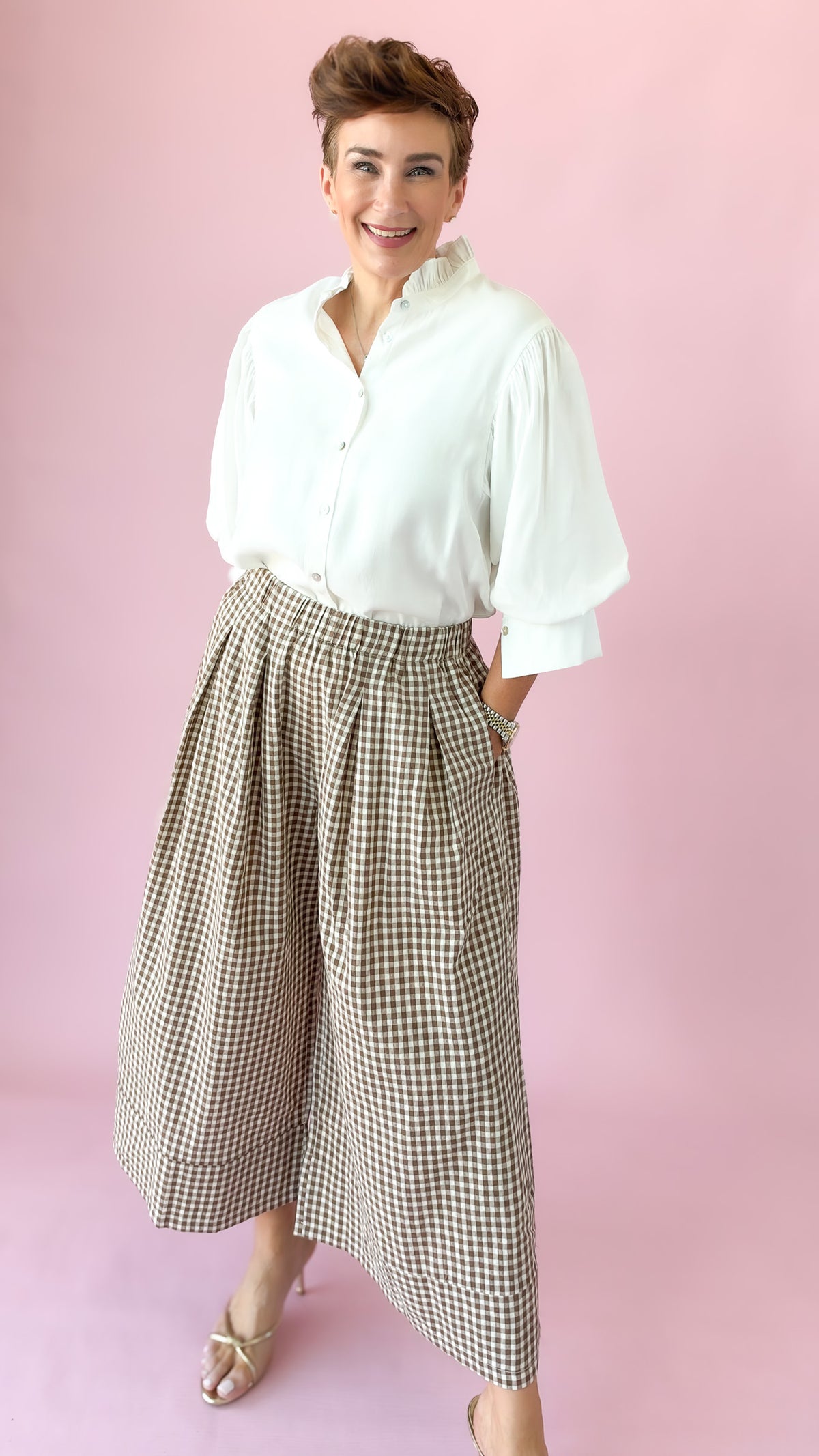 Ruffle Puff Sleeve Shimmer Top/White
