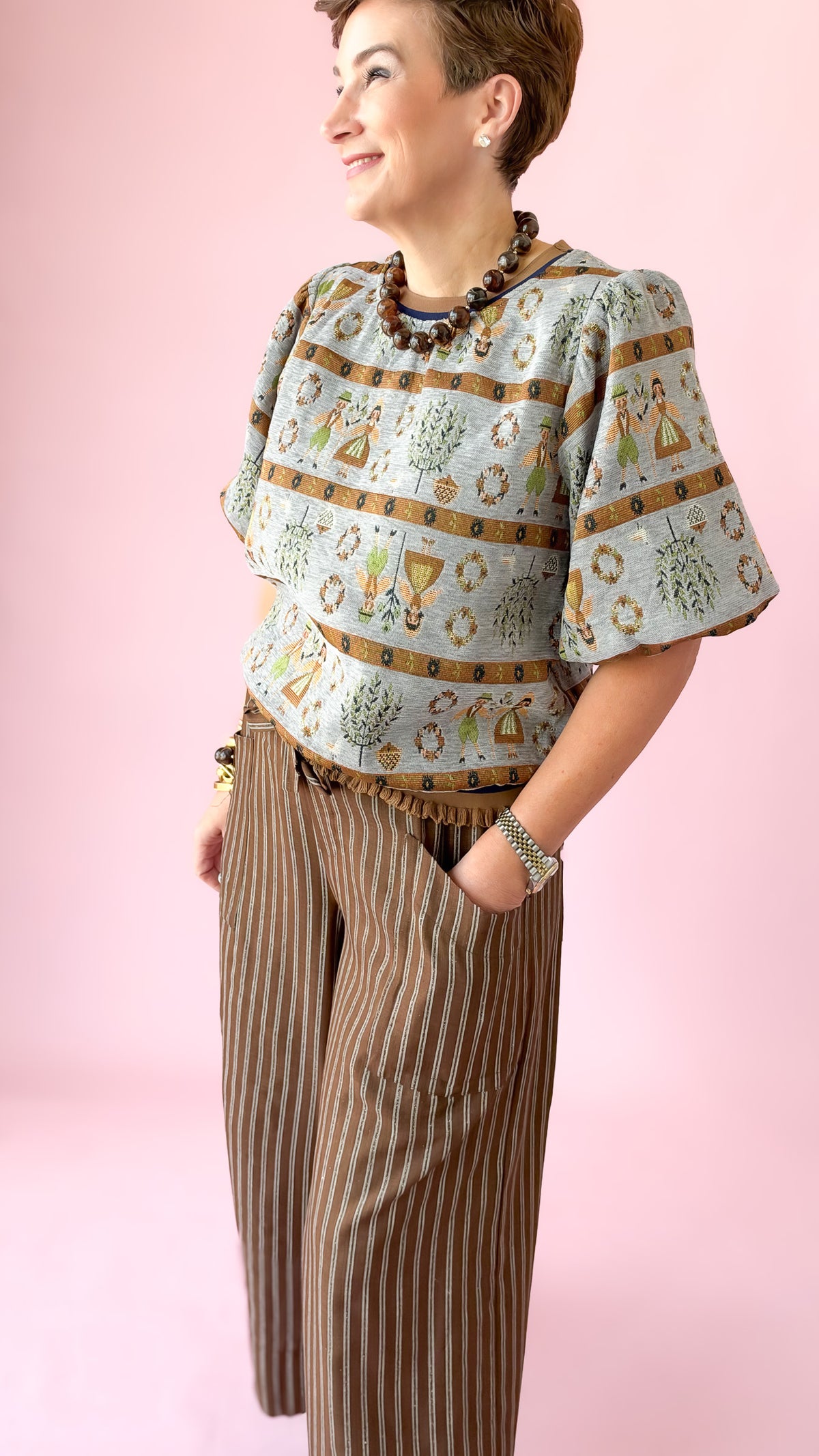 Pilgrim Print Jacquard Top/Brown