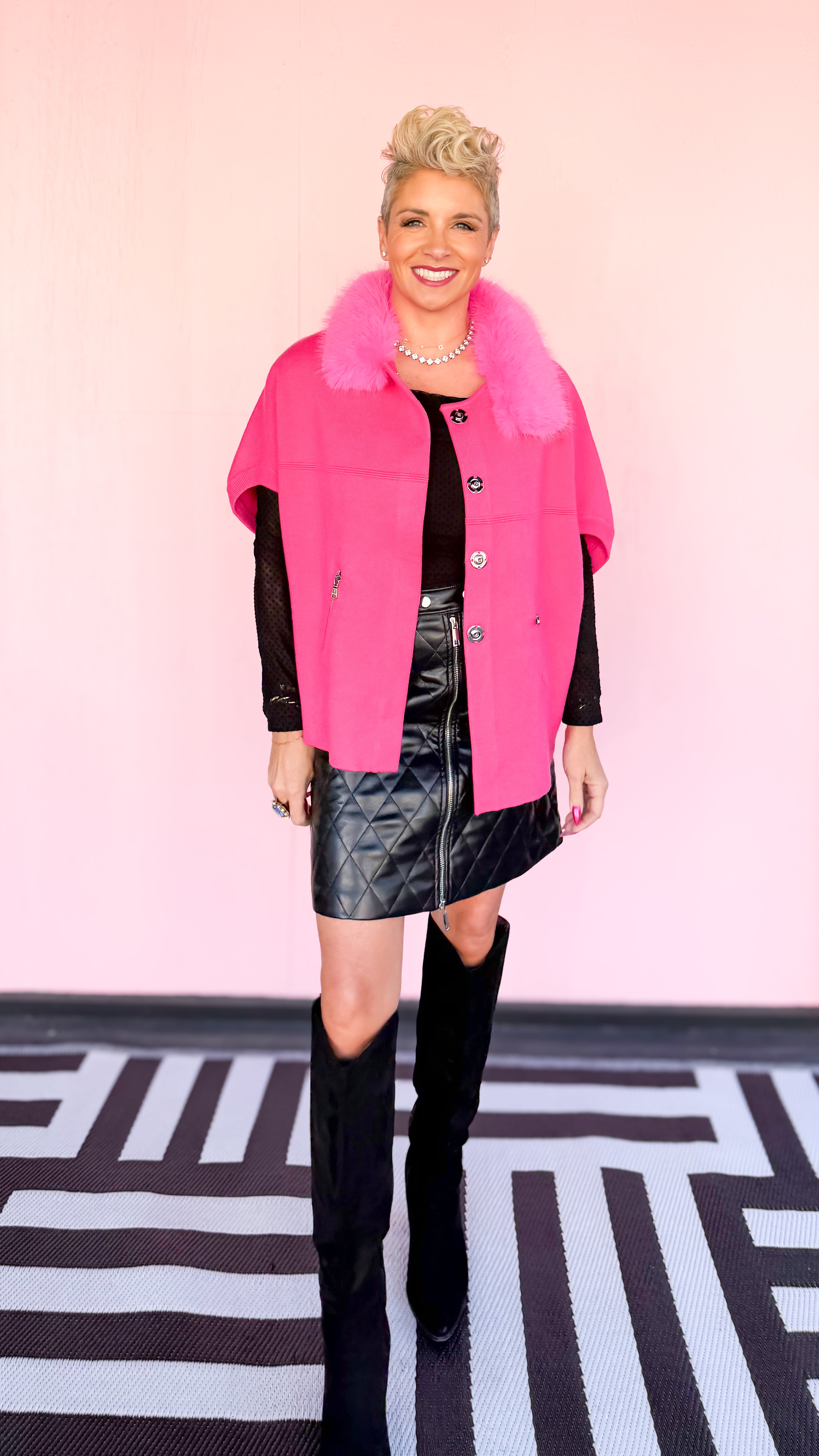 Faux Fur Trimmed Cardigan/Pink