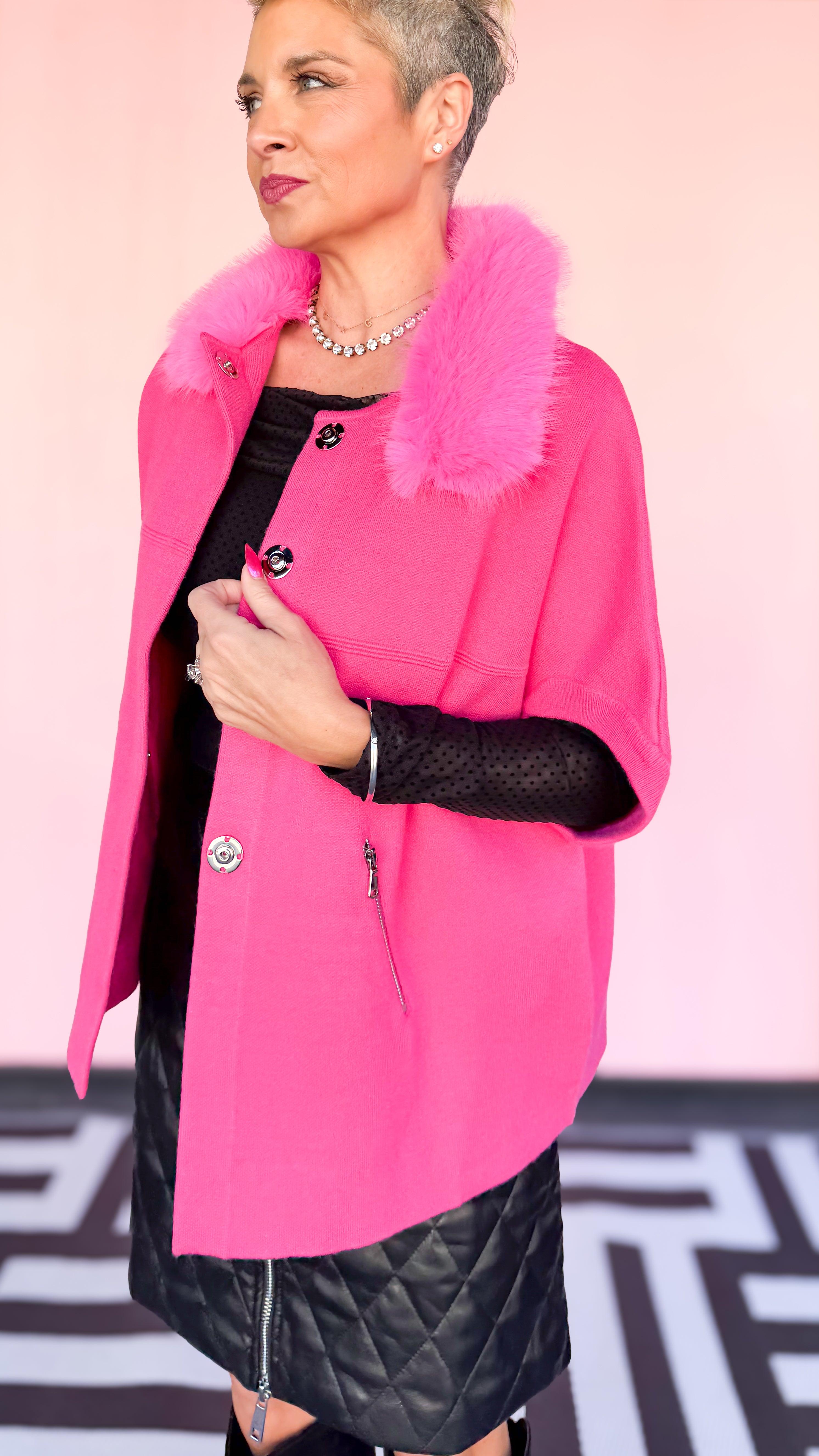 Faux Fur Trimmed Cardigan/Pink