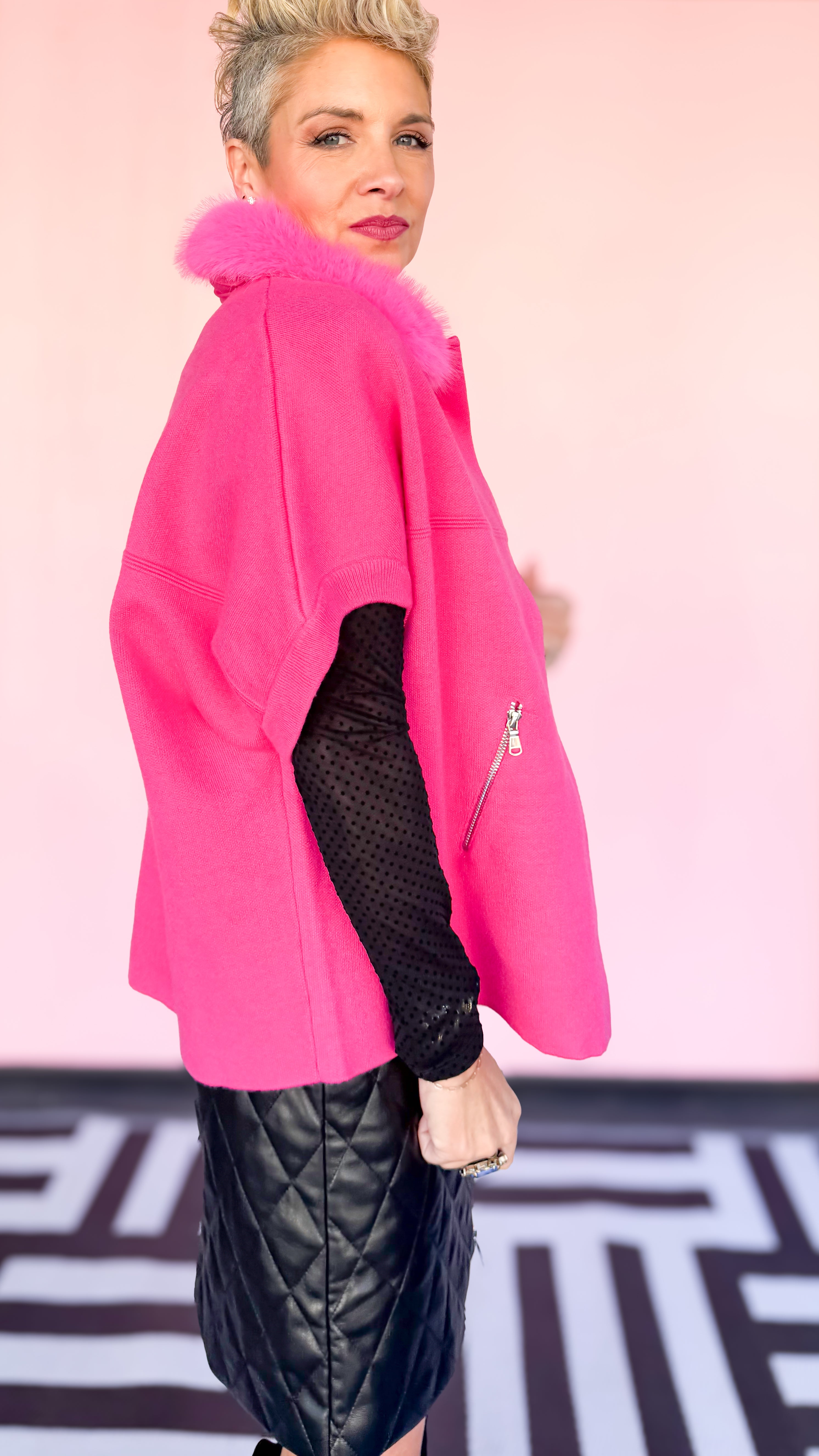 Faux Fur Trimmed Cardigan/Pink