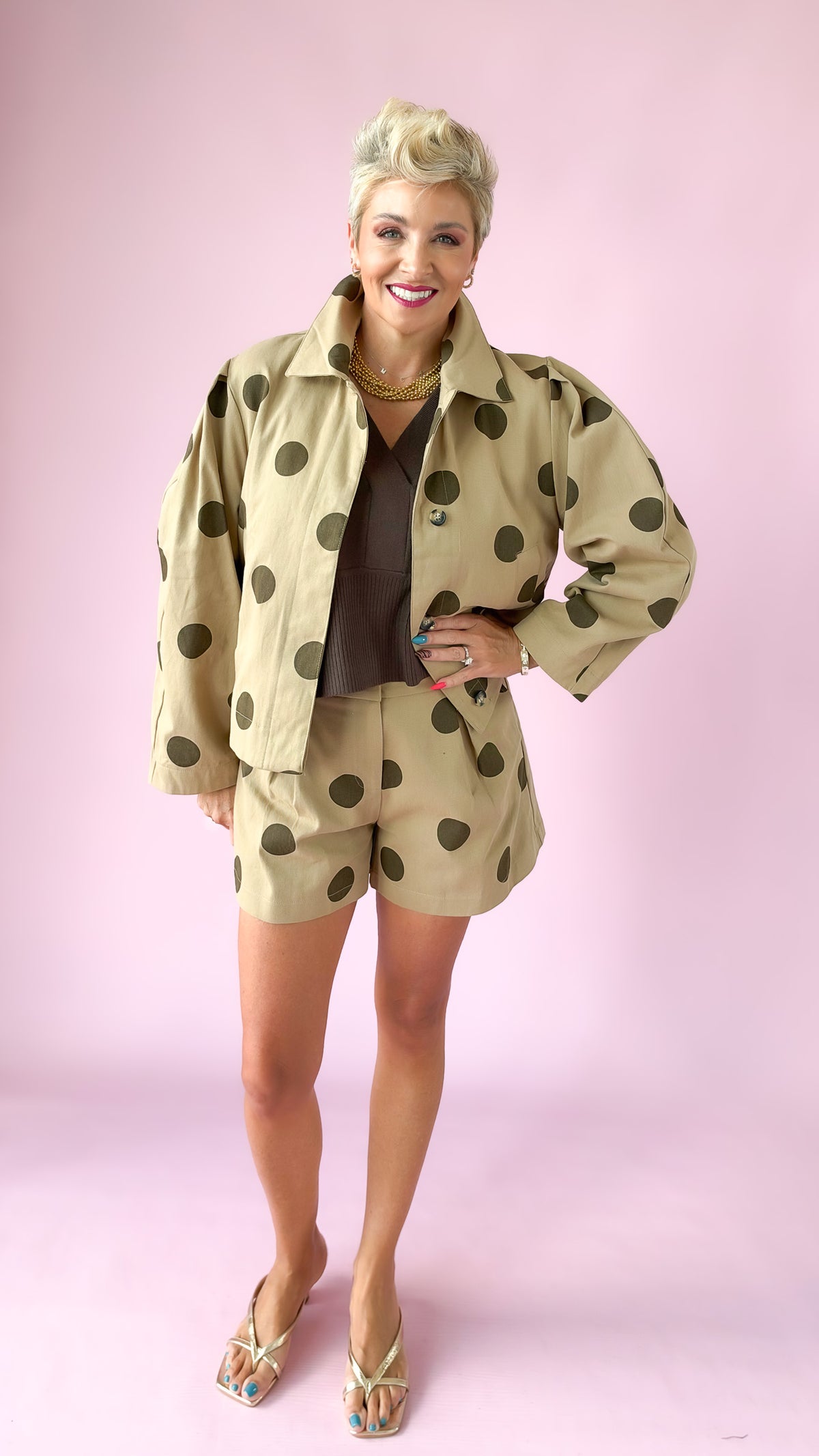 Polka Dot High Waist Shorts/Taupe