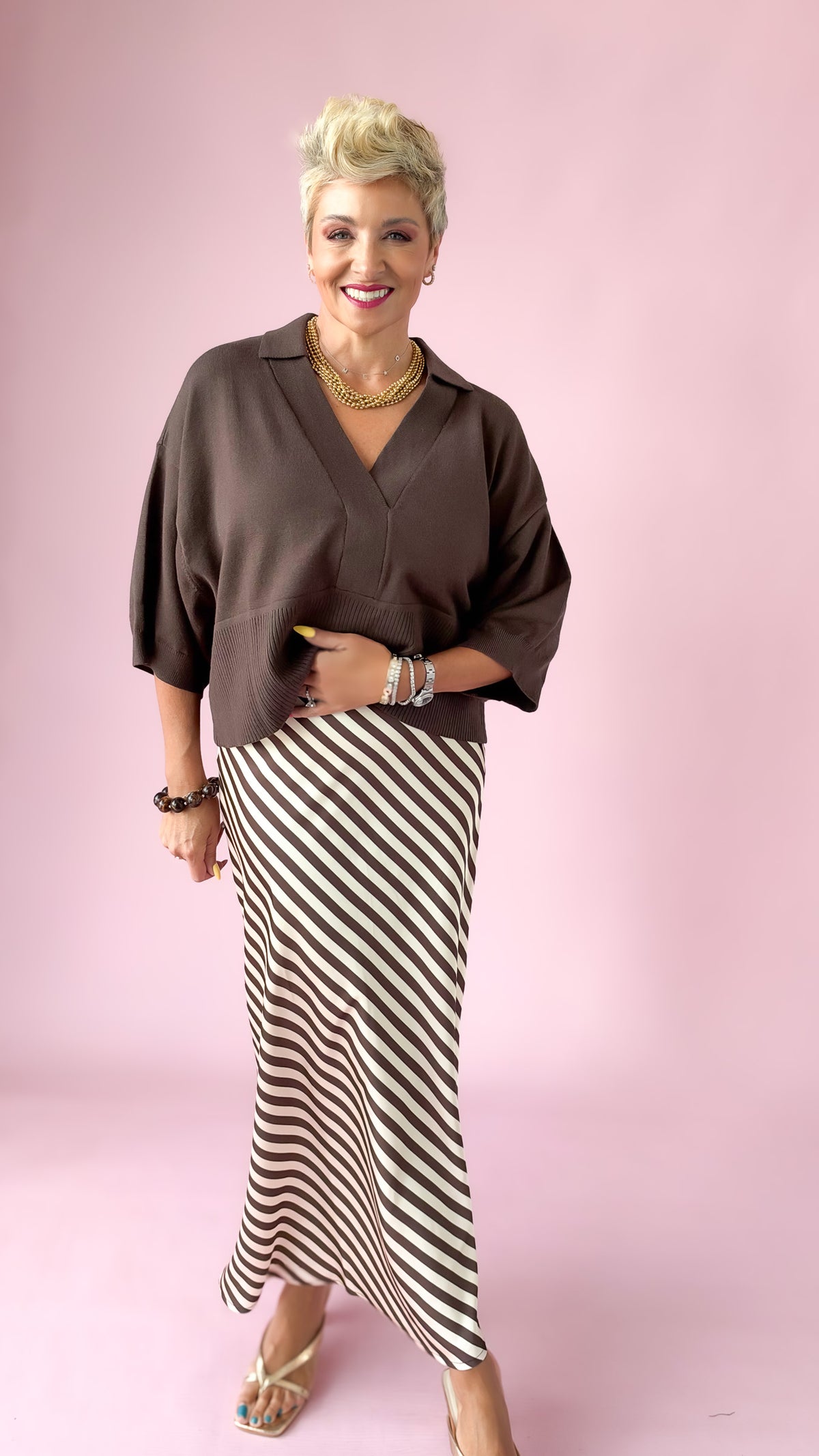 Satin Striped Midi Skirt/Mocha