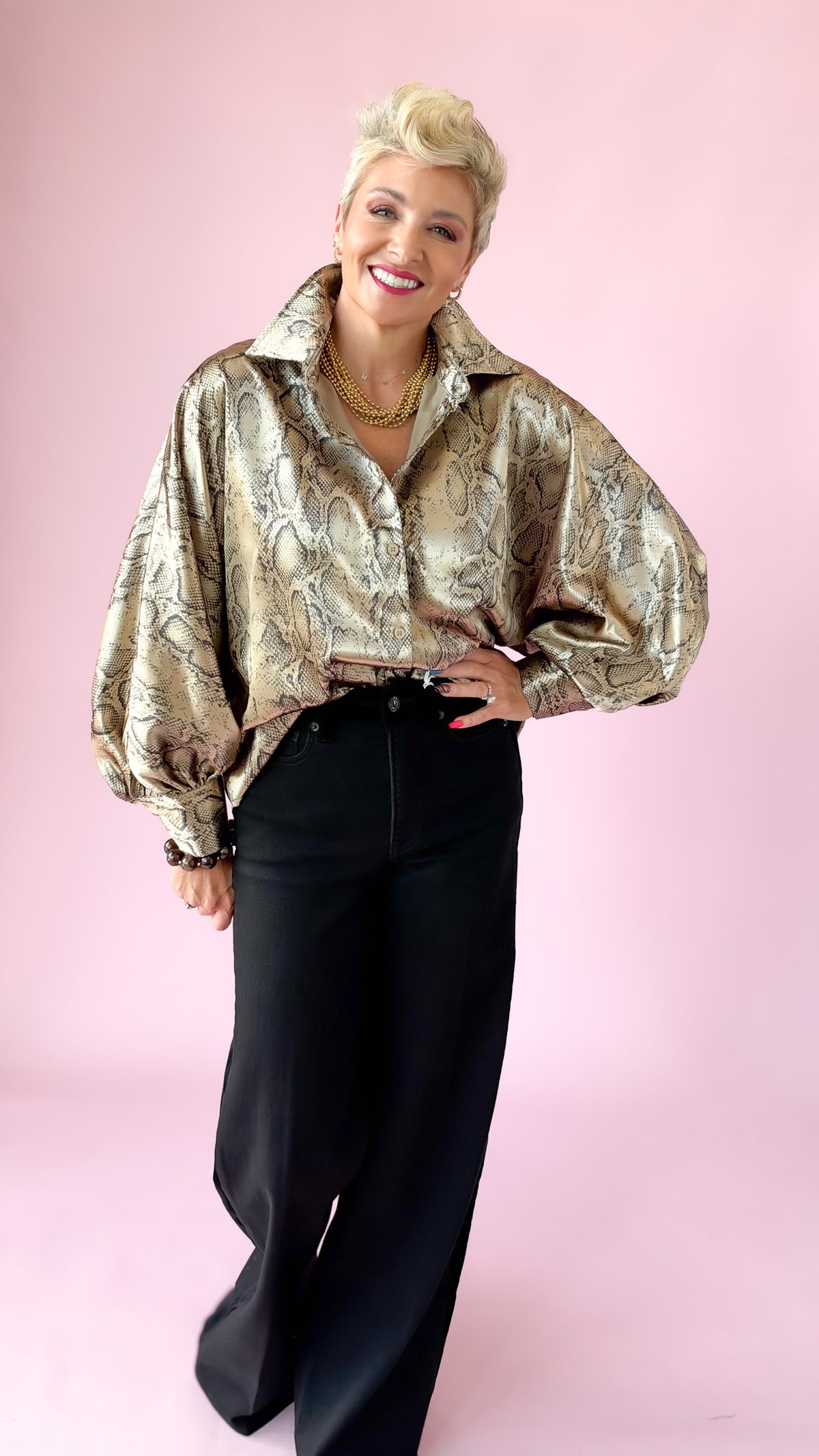 Silky Snake Print Top/Taupe