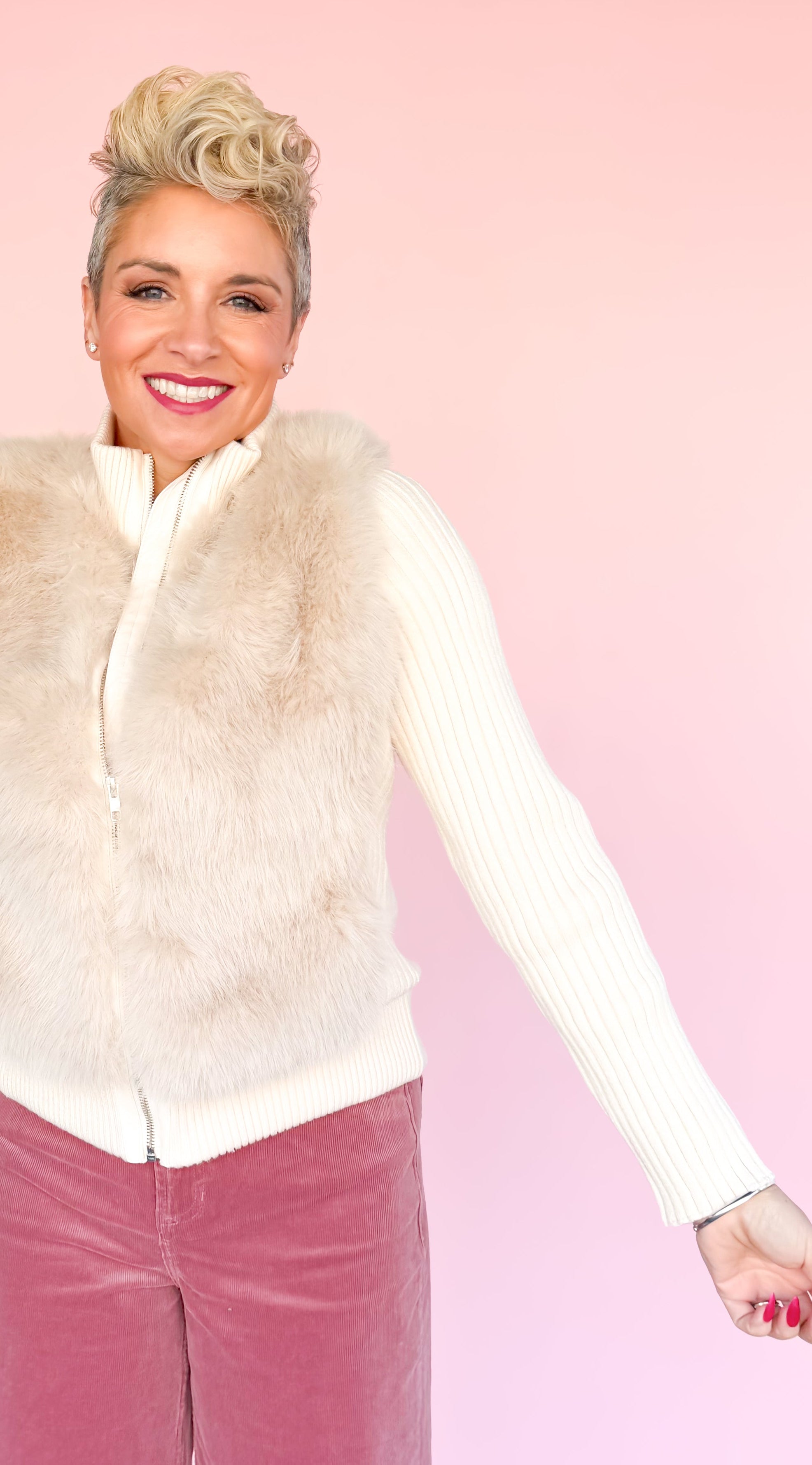 Helios Fur Front Zip Cardigan/Cream