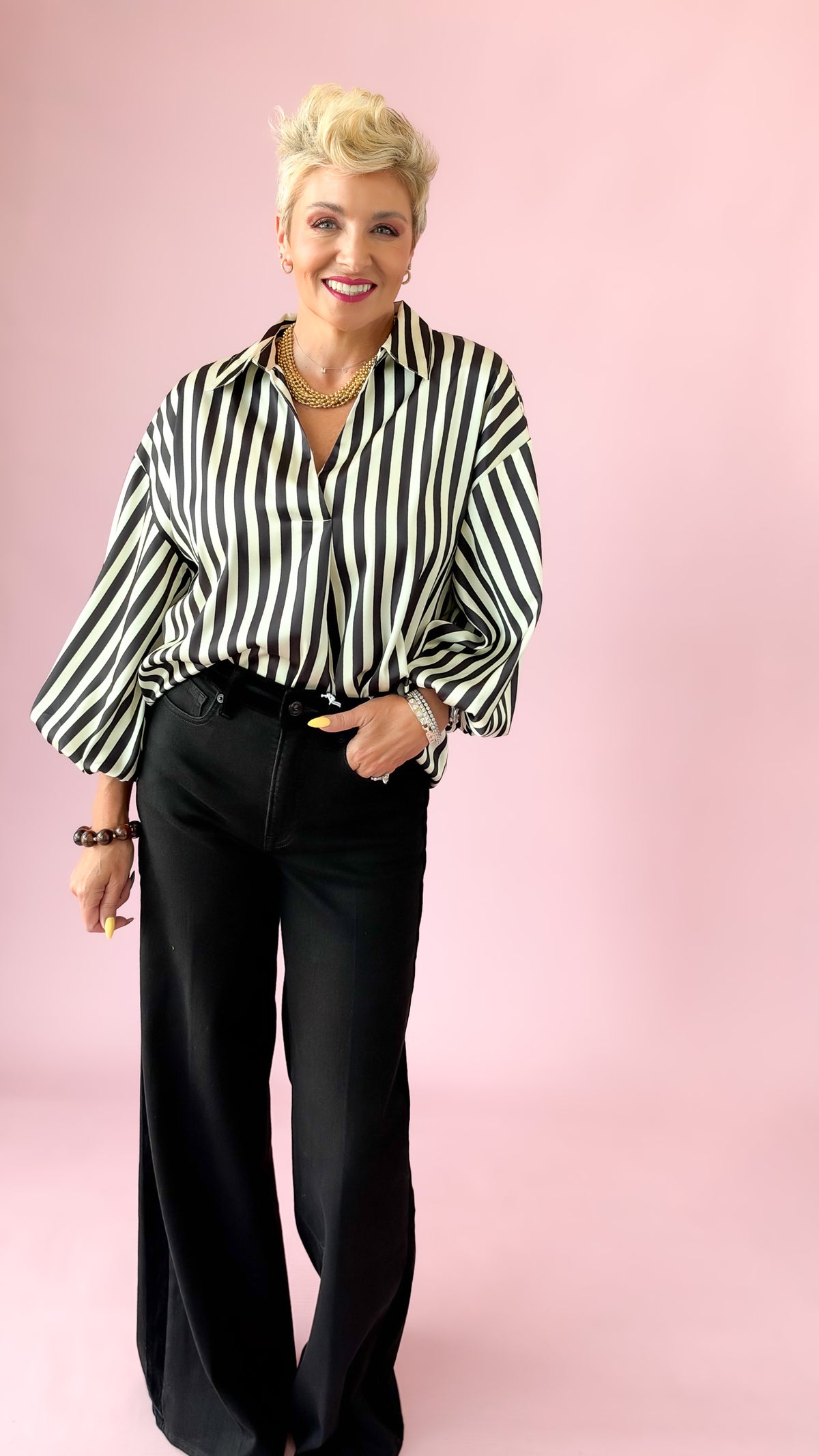 Satin Stripe Bubble Sleeve Top/Black