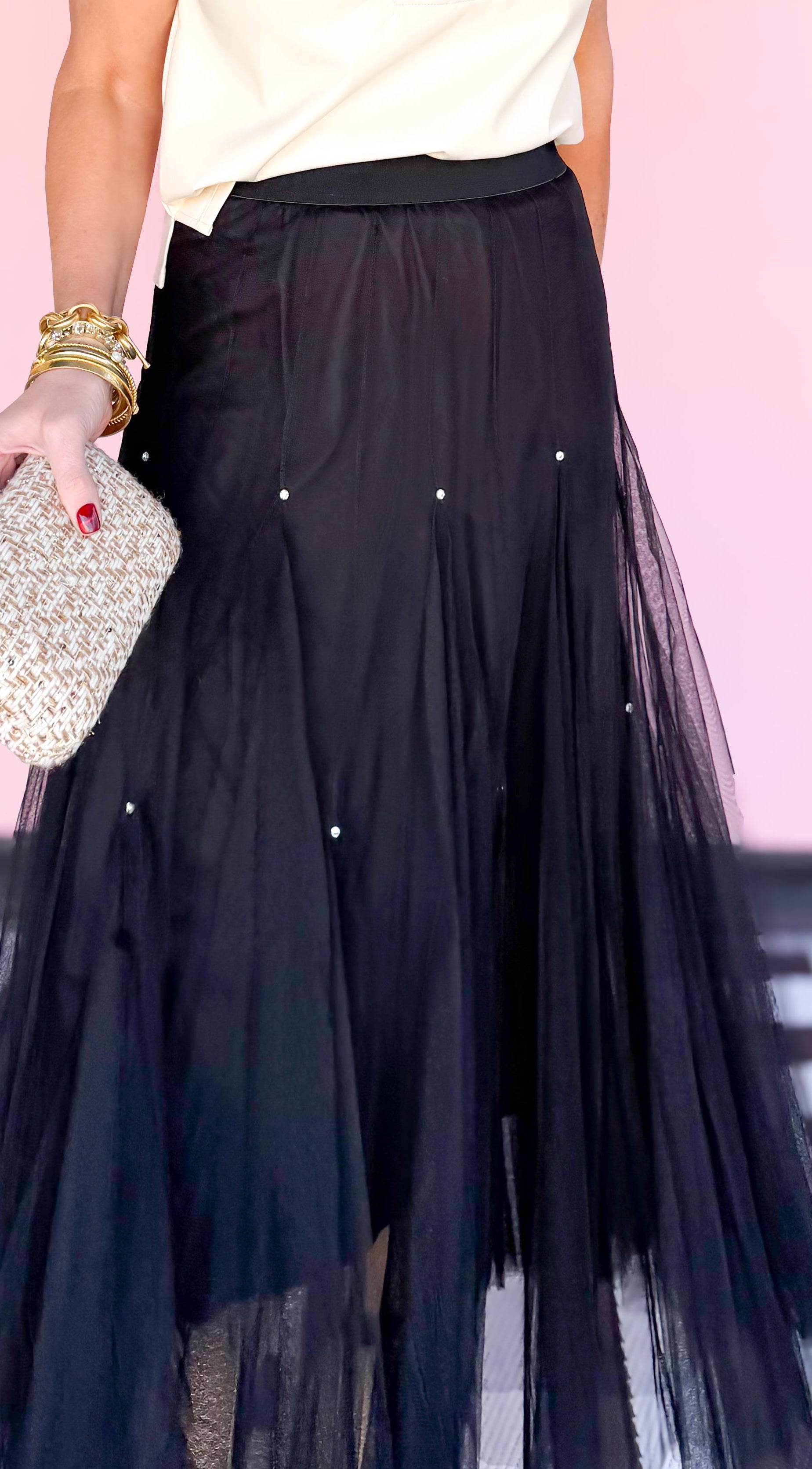 Mesh Midi Skirt W/Rhinestones/Black