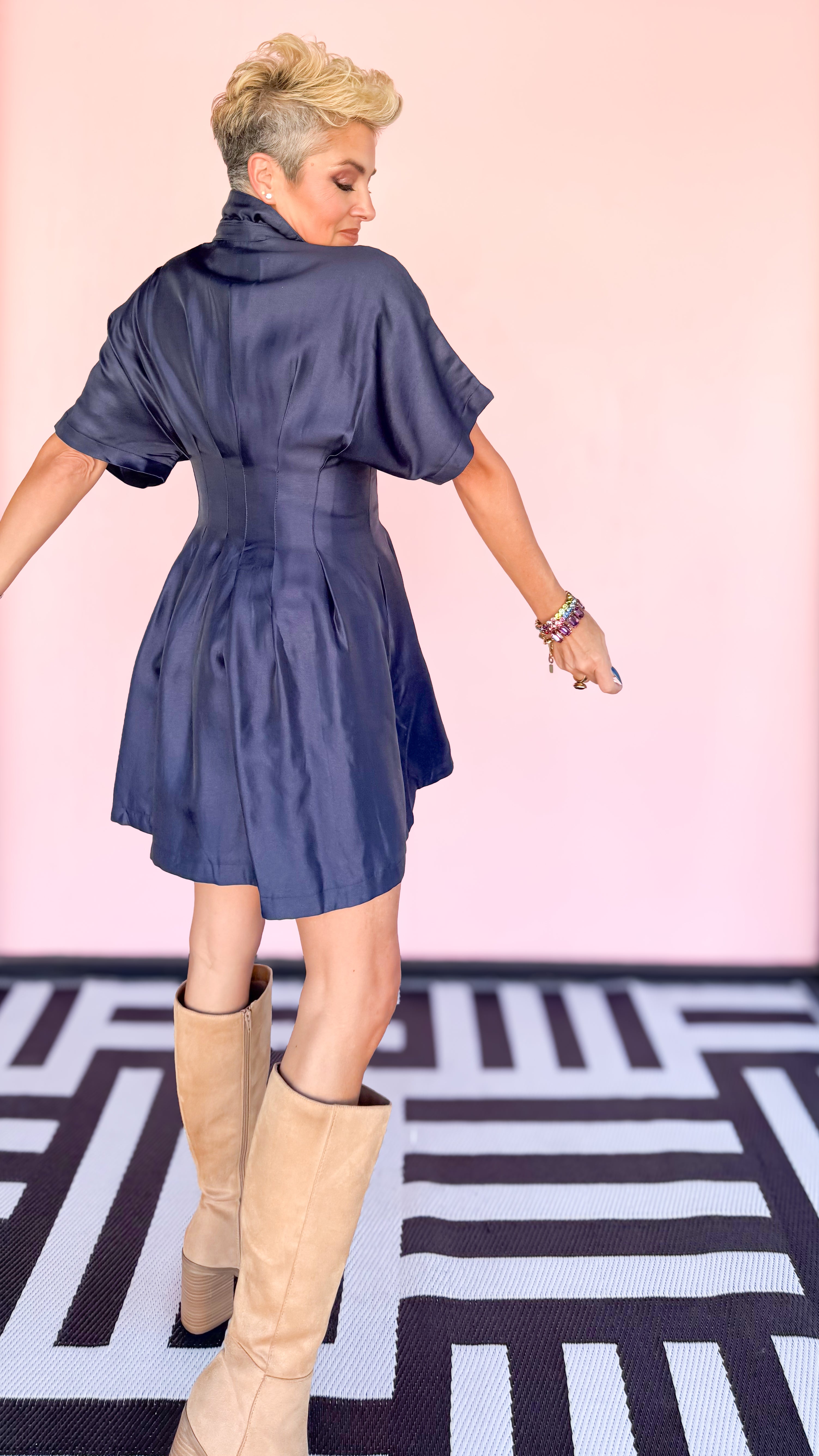 Button Down Pleated Mini Dress/Navy - The BLVD