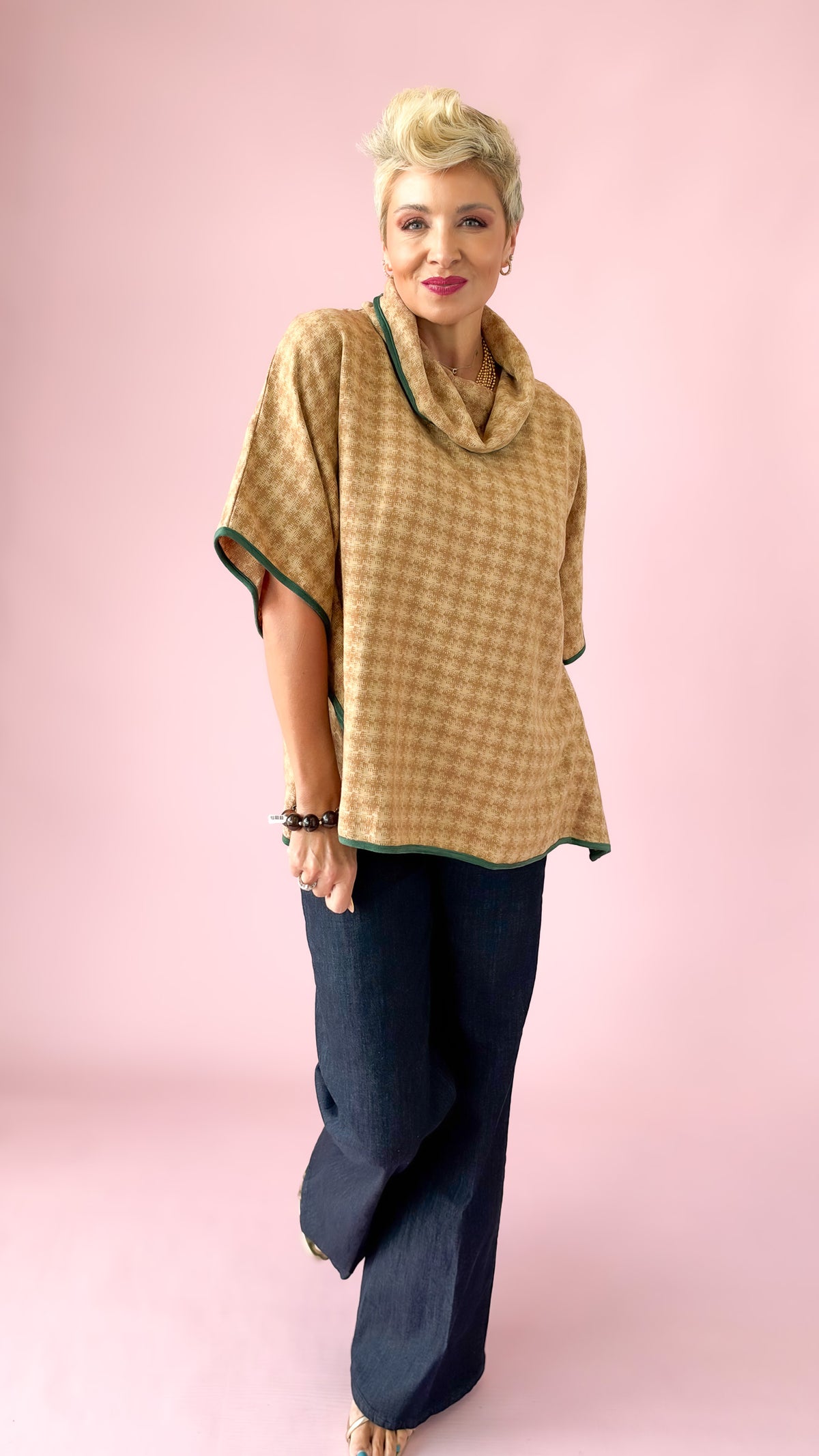 Houndstooth Cowl Neck Poncho/Cream
