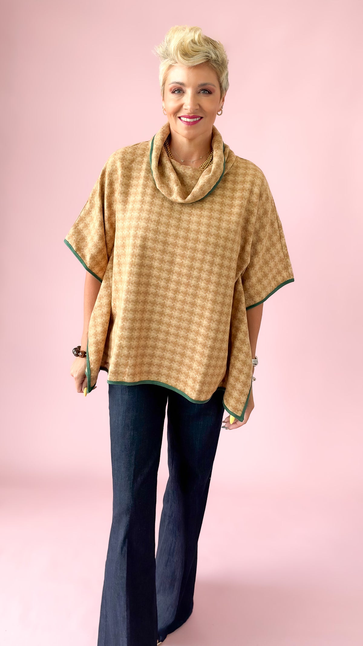 Houndstooth Cowl Neck Poncho/Cream