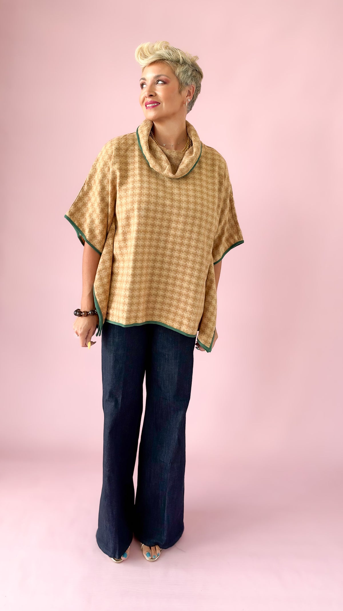 Houndstooth Cowl Neck Poncho/Cream