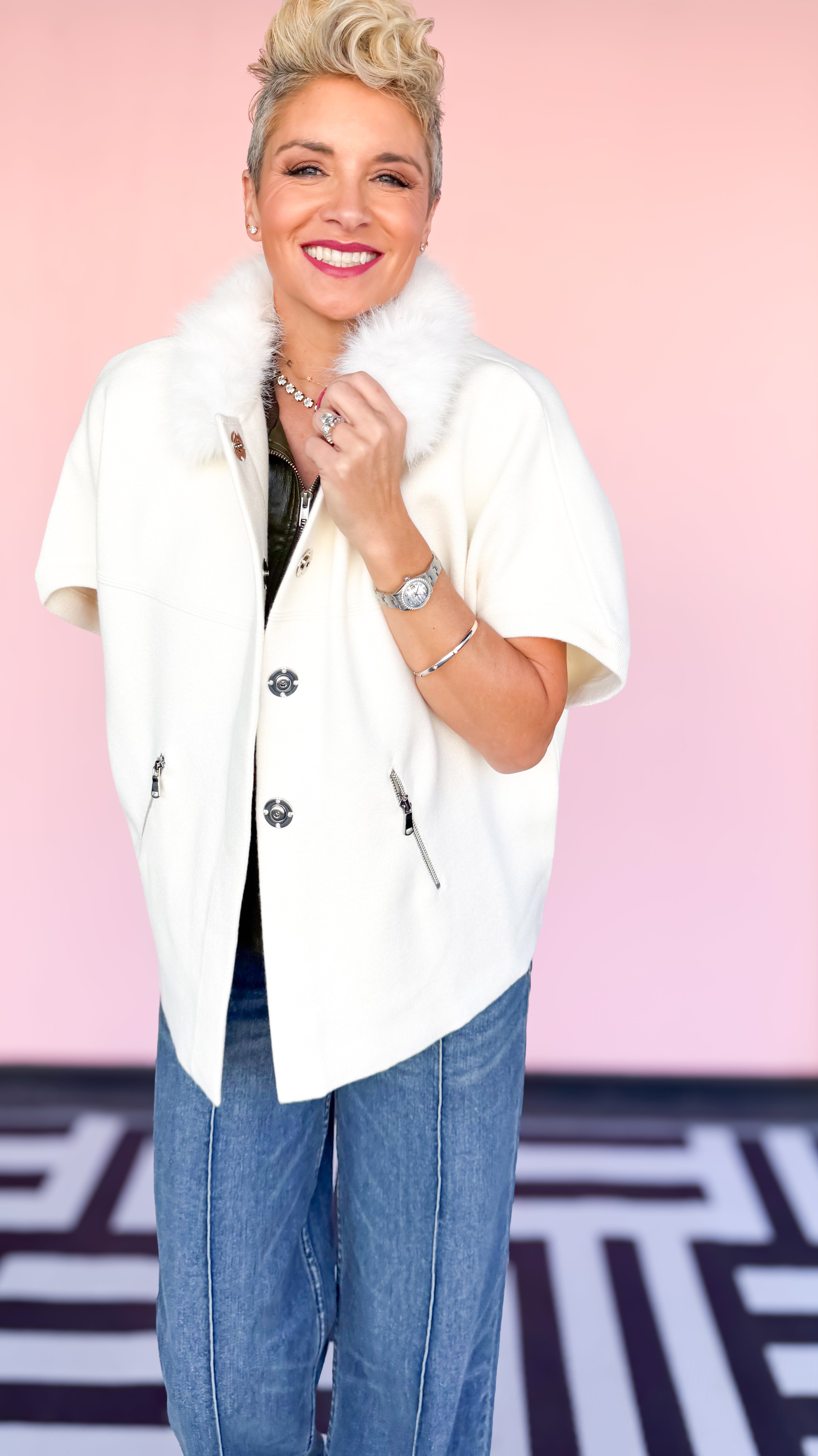 Faux Fur Trimmed Cardigan/Ivory