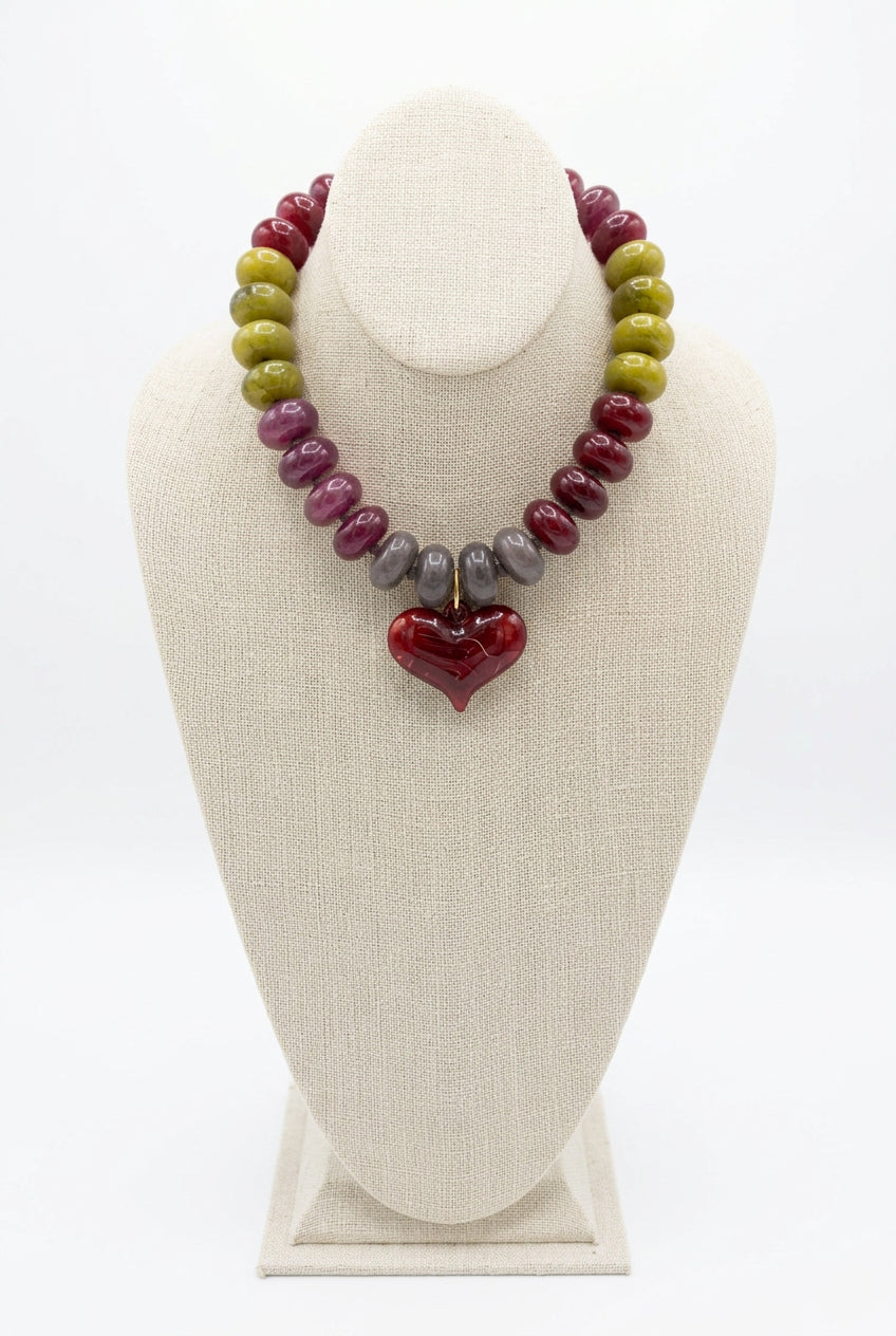 Heart Beaded Necklace/Red