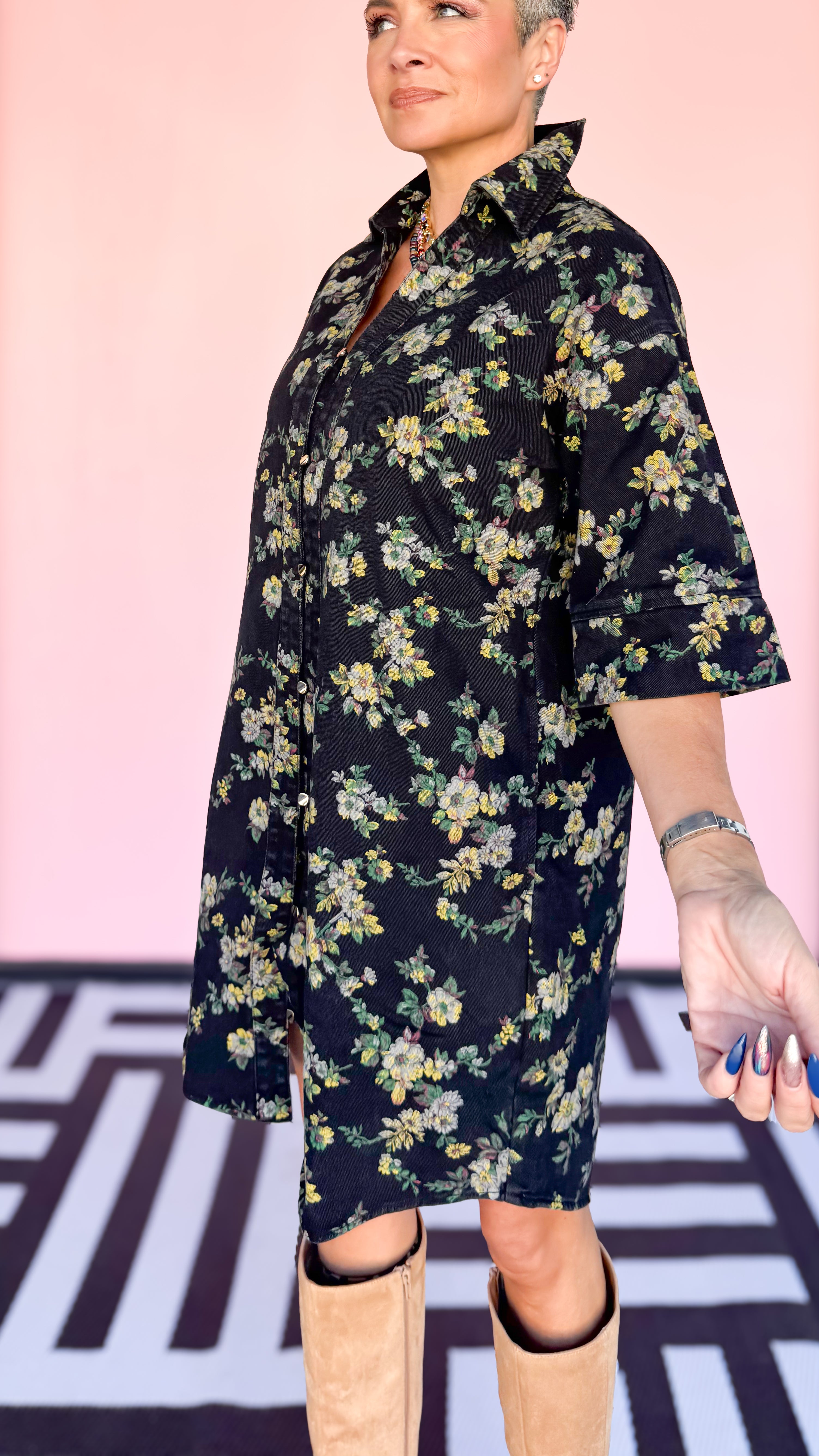 Donna Denim Floral Dress/Black - The BLVD