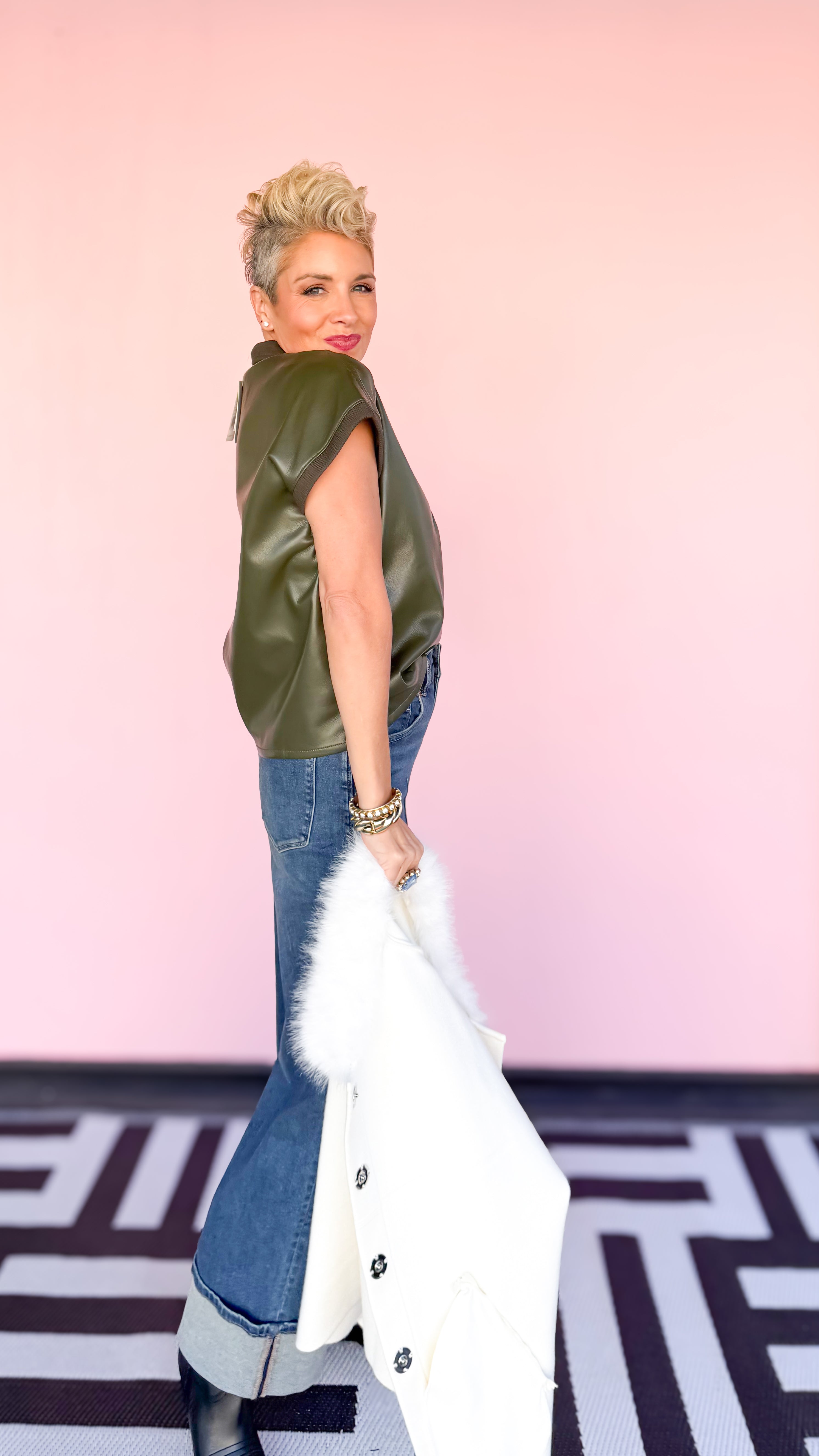 Mira Faux Leather Half Zip Top/Green