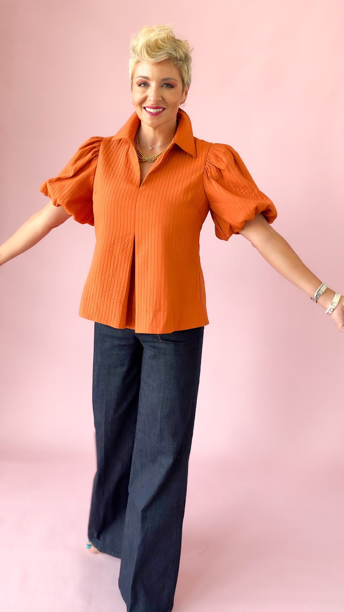 Puff Sleeve Peplum Top/Pumpkin