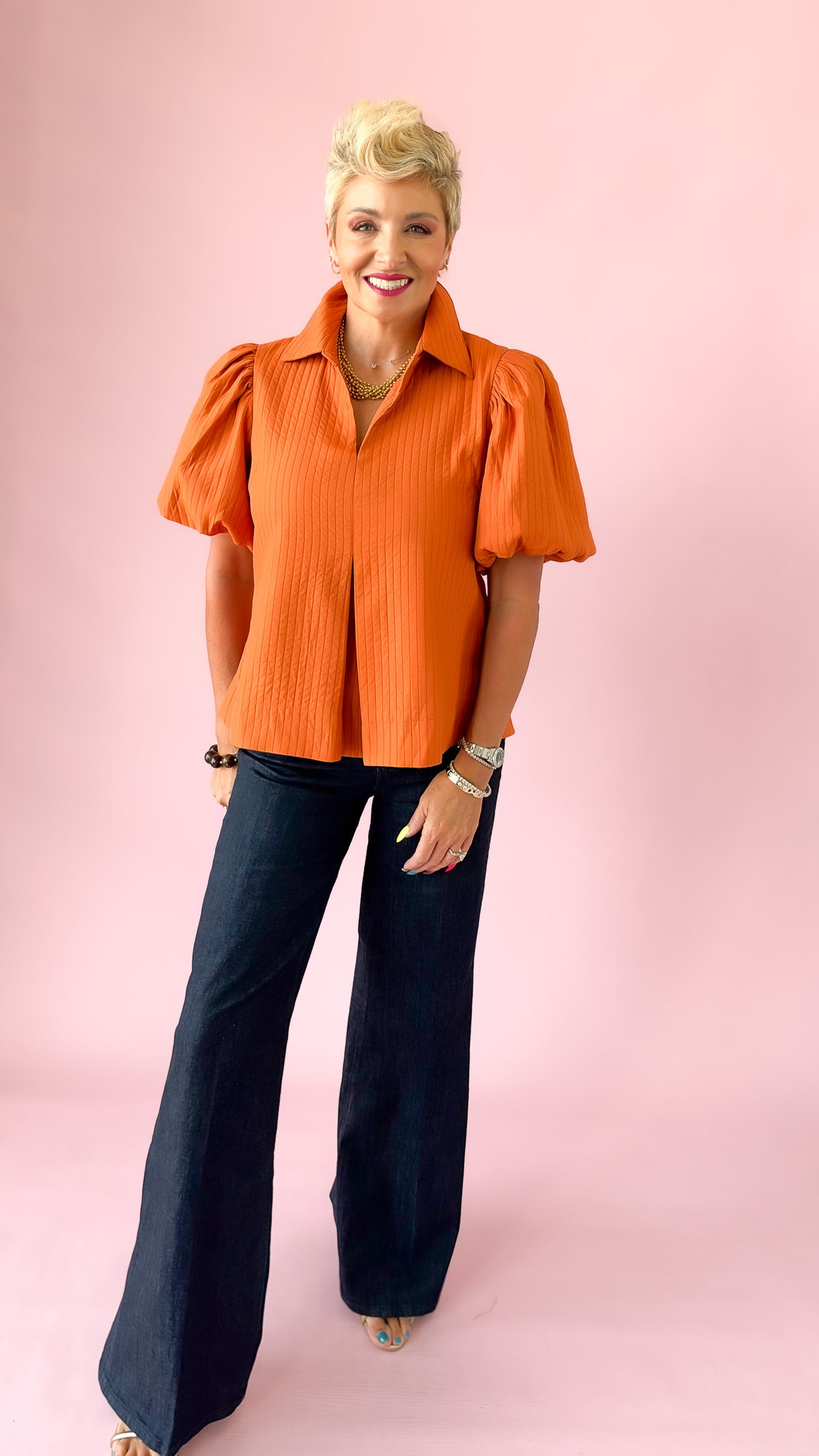 Puff Sleeve Peplum Top/Pumpkin