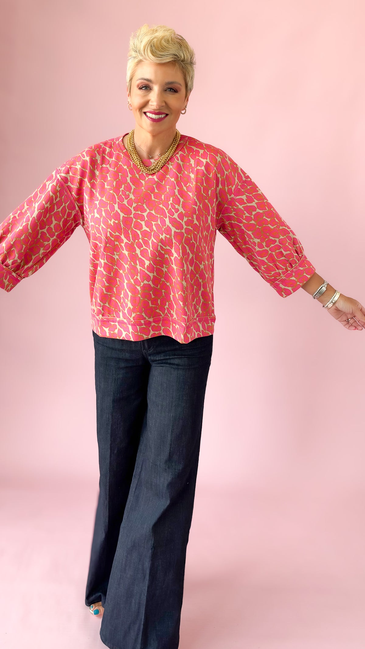 Leopard 3/4 Sleeve Top/Pink