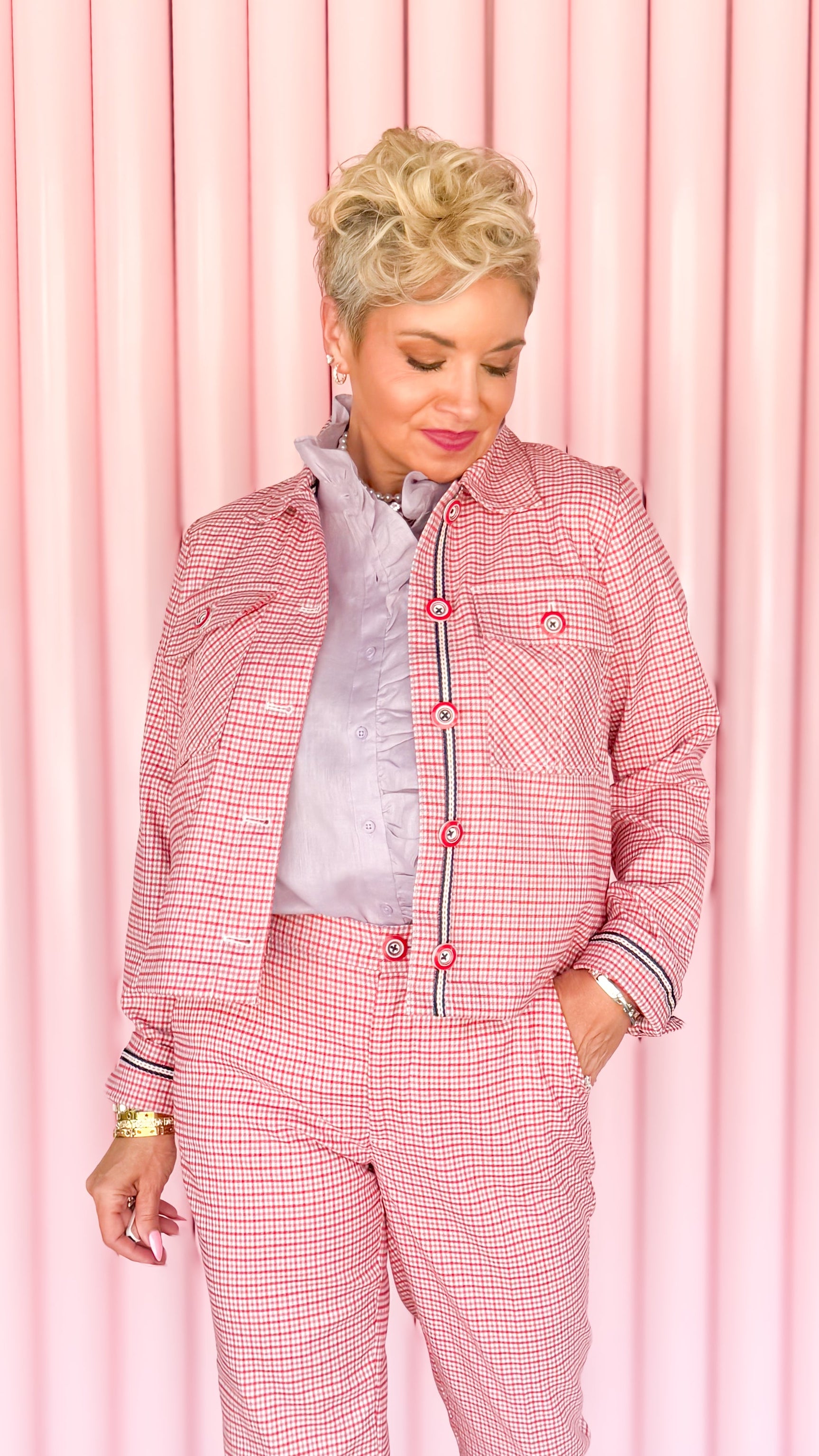 Tattersall plaid shacket in red worn on model - side view - BLVD Boutik