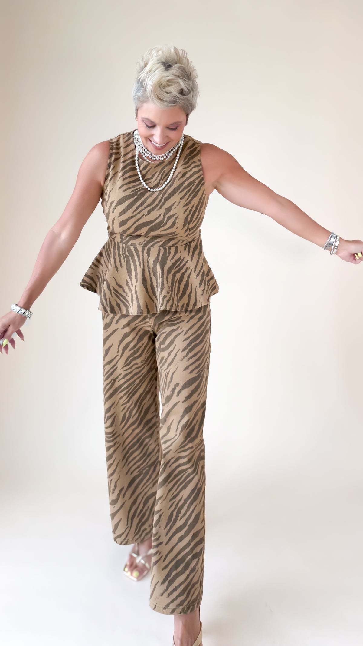 Zebra Print Wide Leg Pants/Latte