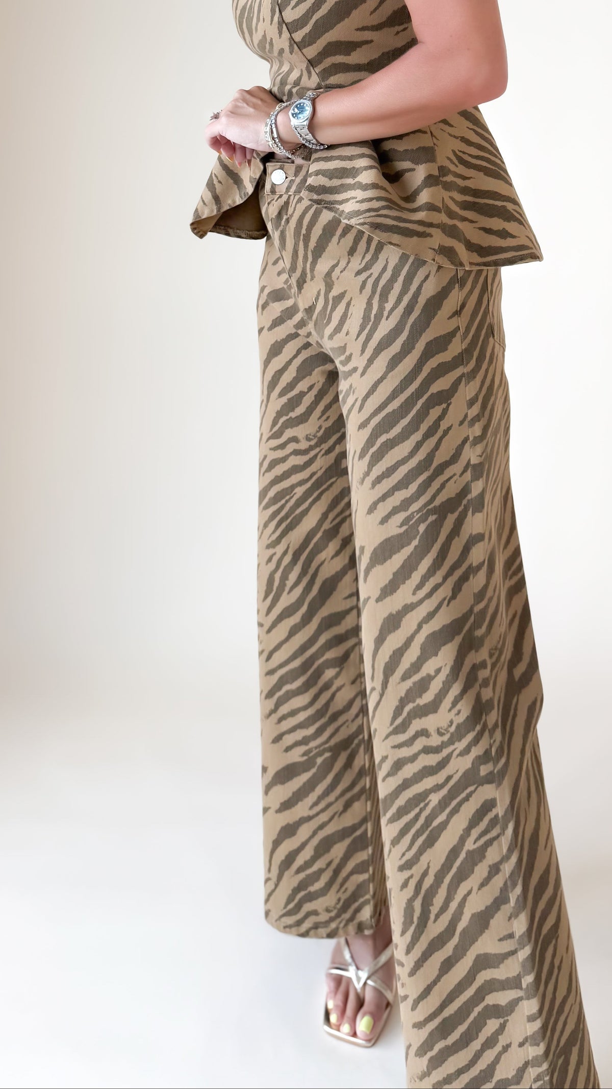 Zebra Print Wide Leg Pants/Latte