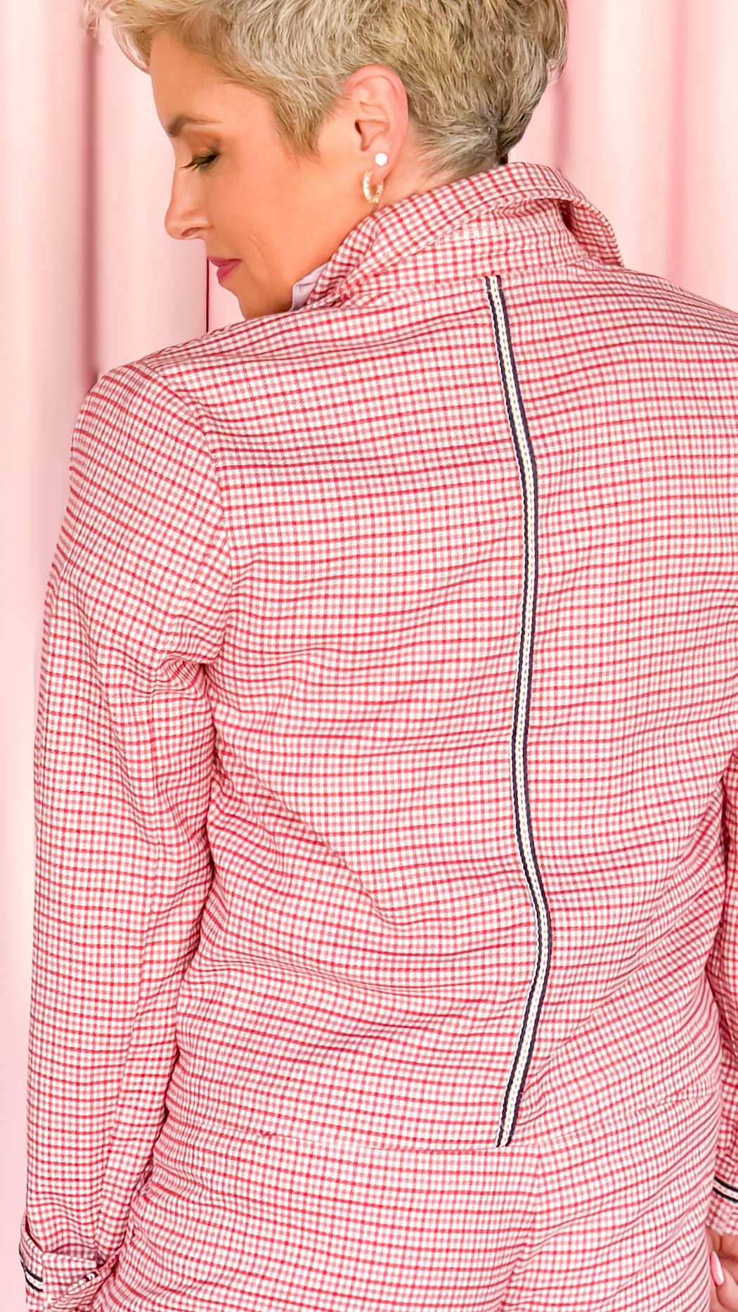Tattersall plaid shacket in red worn on model - styled view - BLVD Boutik