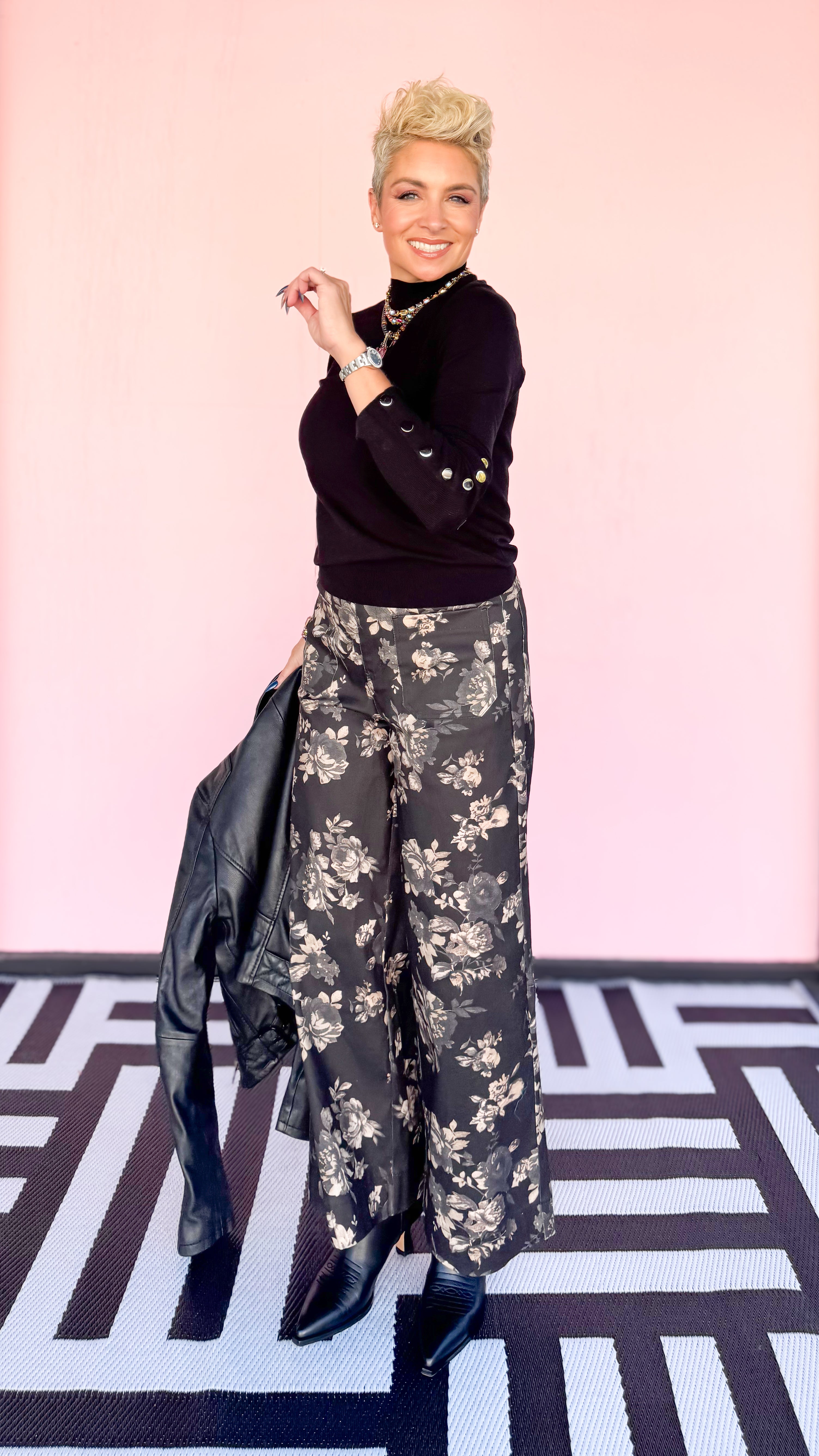 Mock Neck with Gold Button Detail/Black - The BLVD