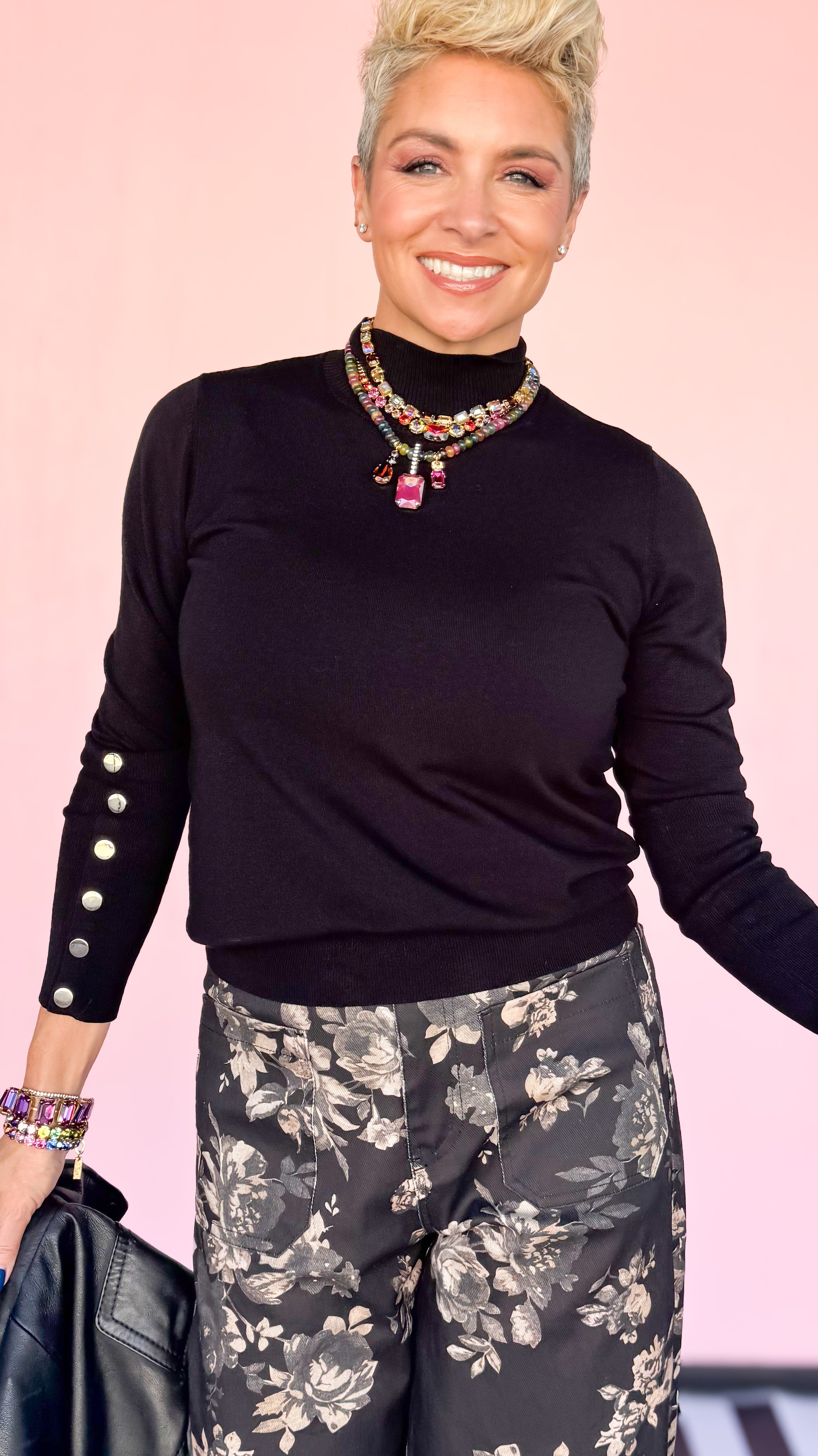 Mock Neck with Gold Button Detail/Black - The BLVD