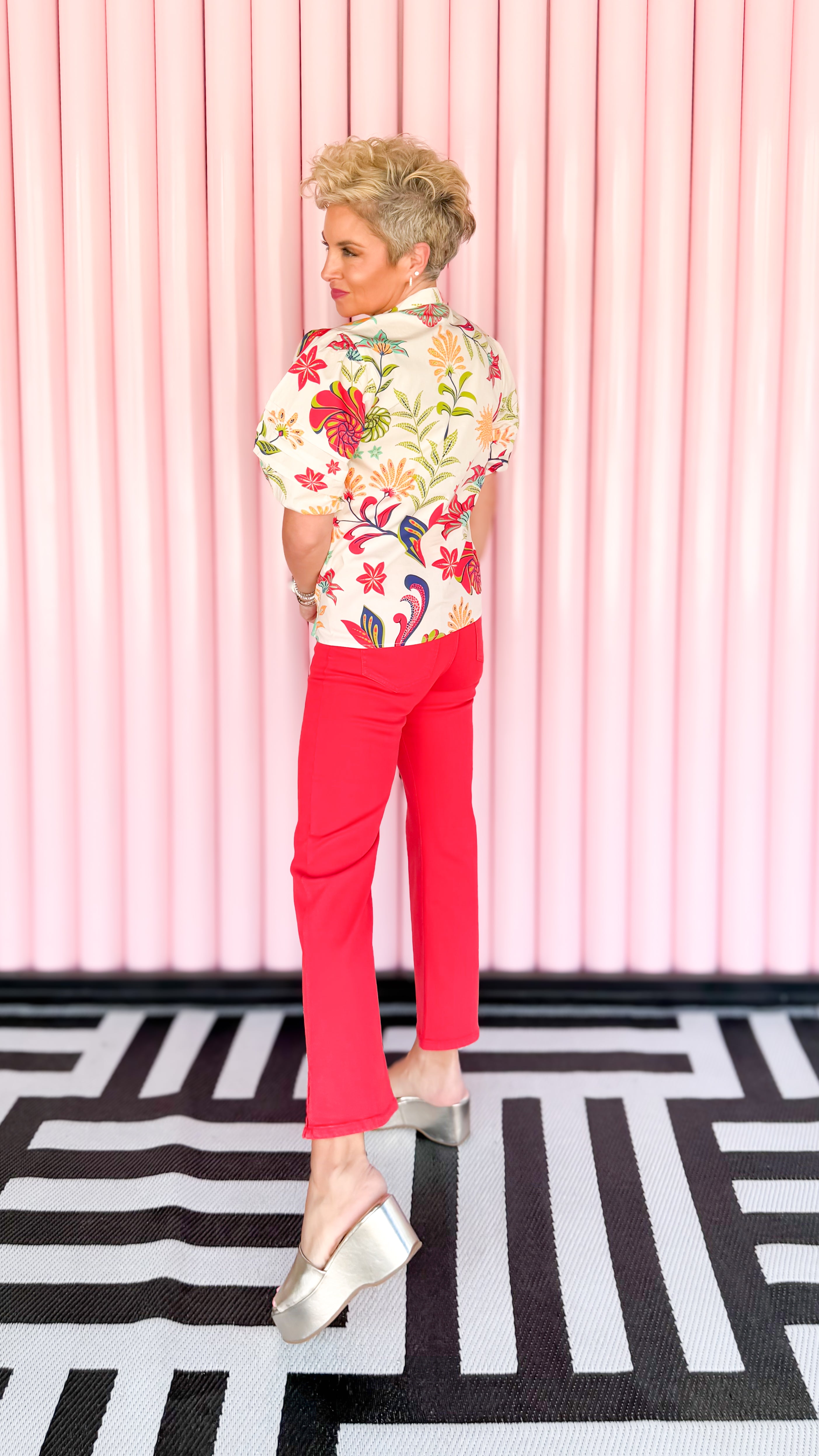Hannah cropped flare with slit hem in red worn on model - side view - BLVD Boutik