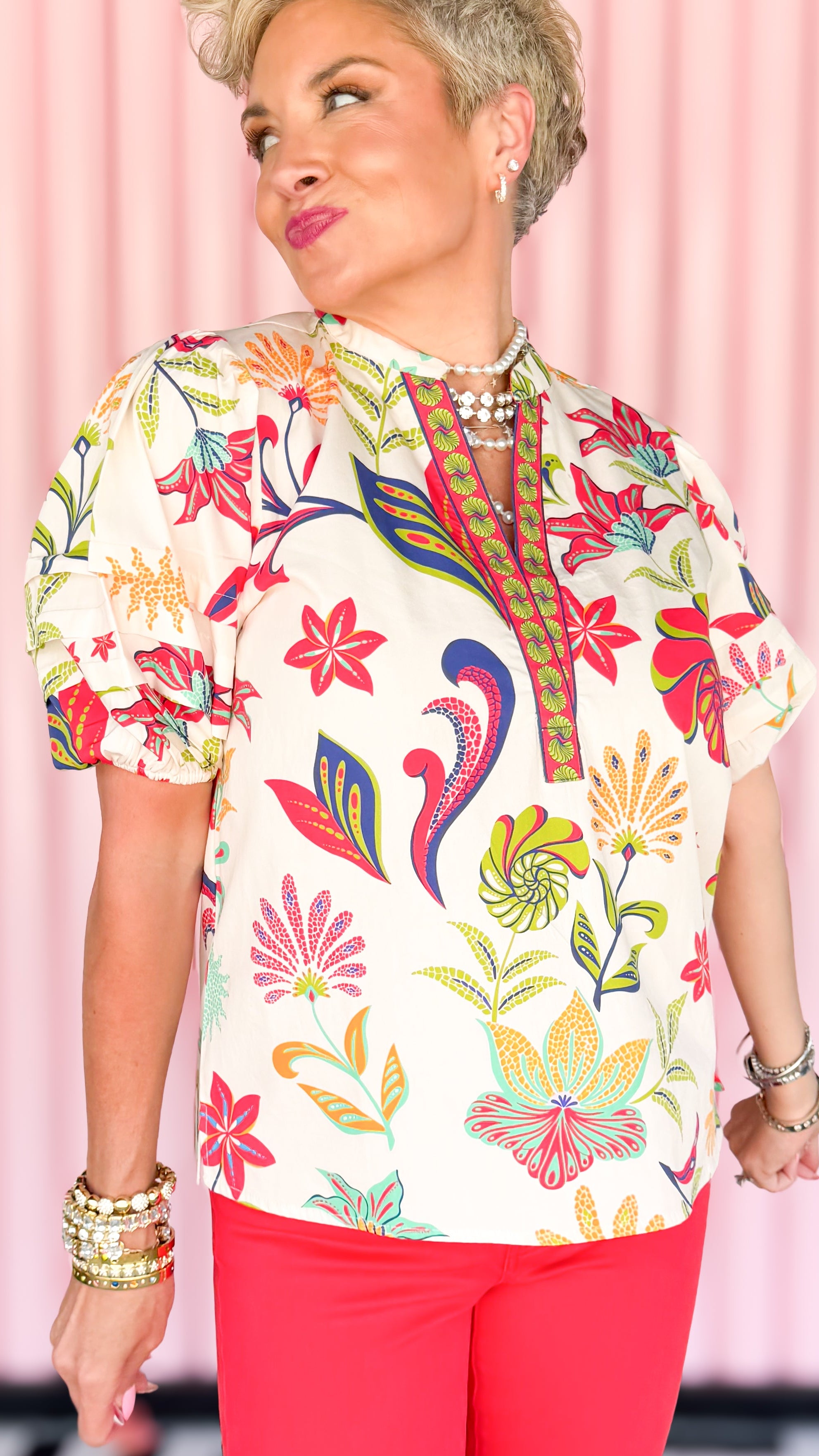 Coral island top worn on model - detail view - BLVD Boutik