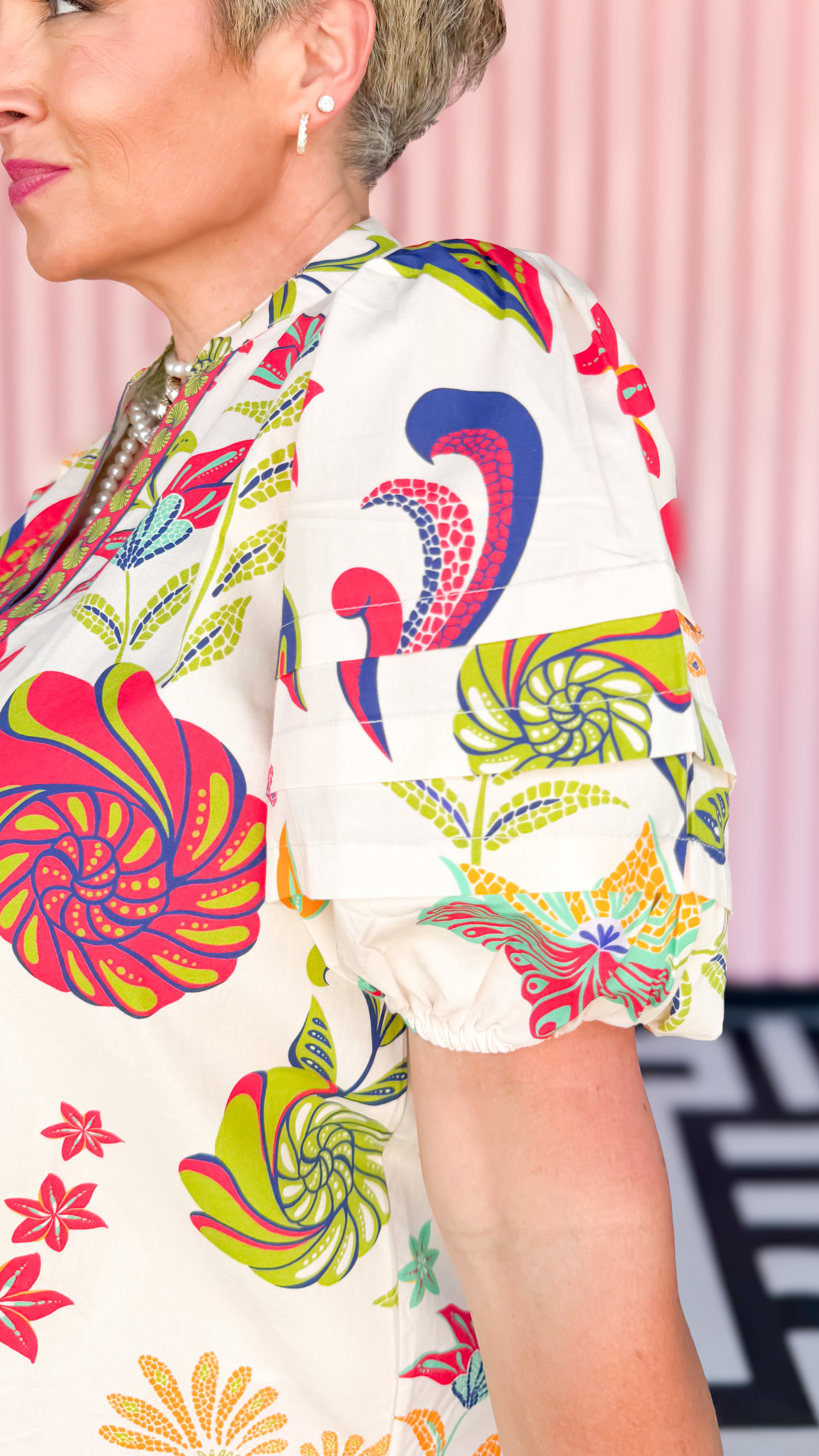 Coral island top worn on model - styled view - BLVD Boutik