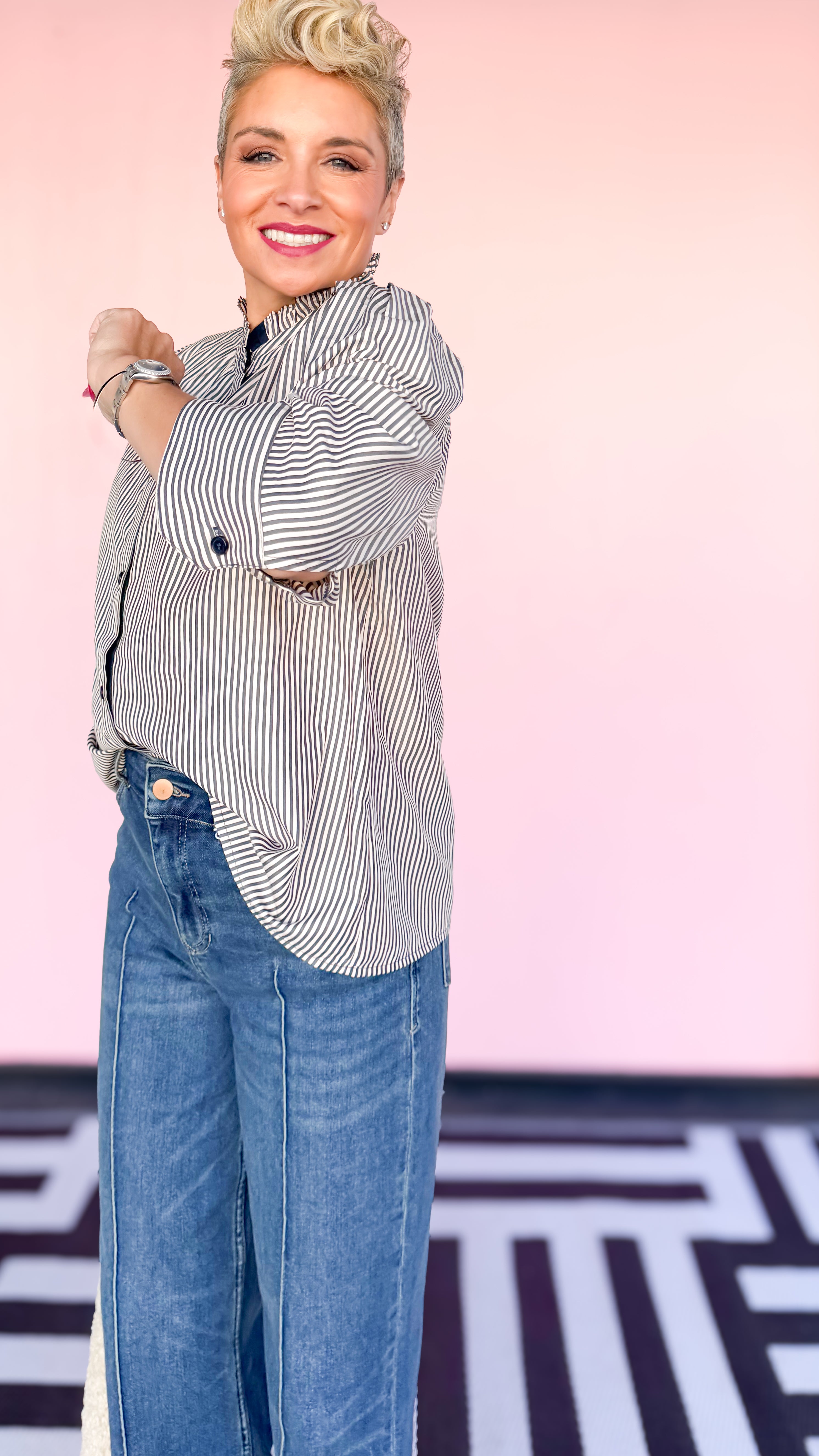 Striped 3/4 Sleeve Blouse/Navy