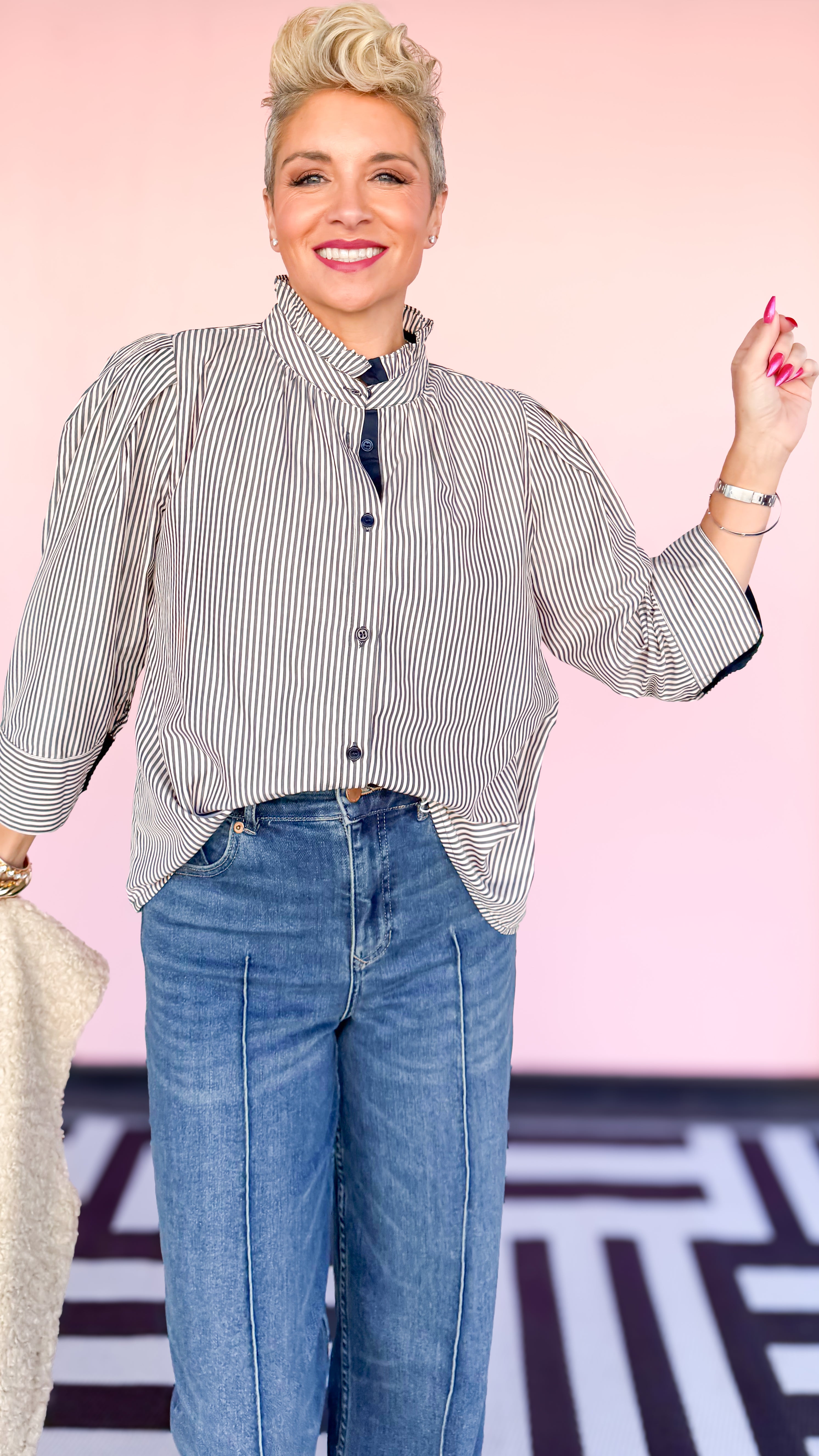 Striped 3/4 Sleeve Blouse/Navy