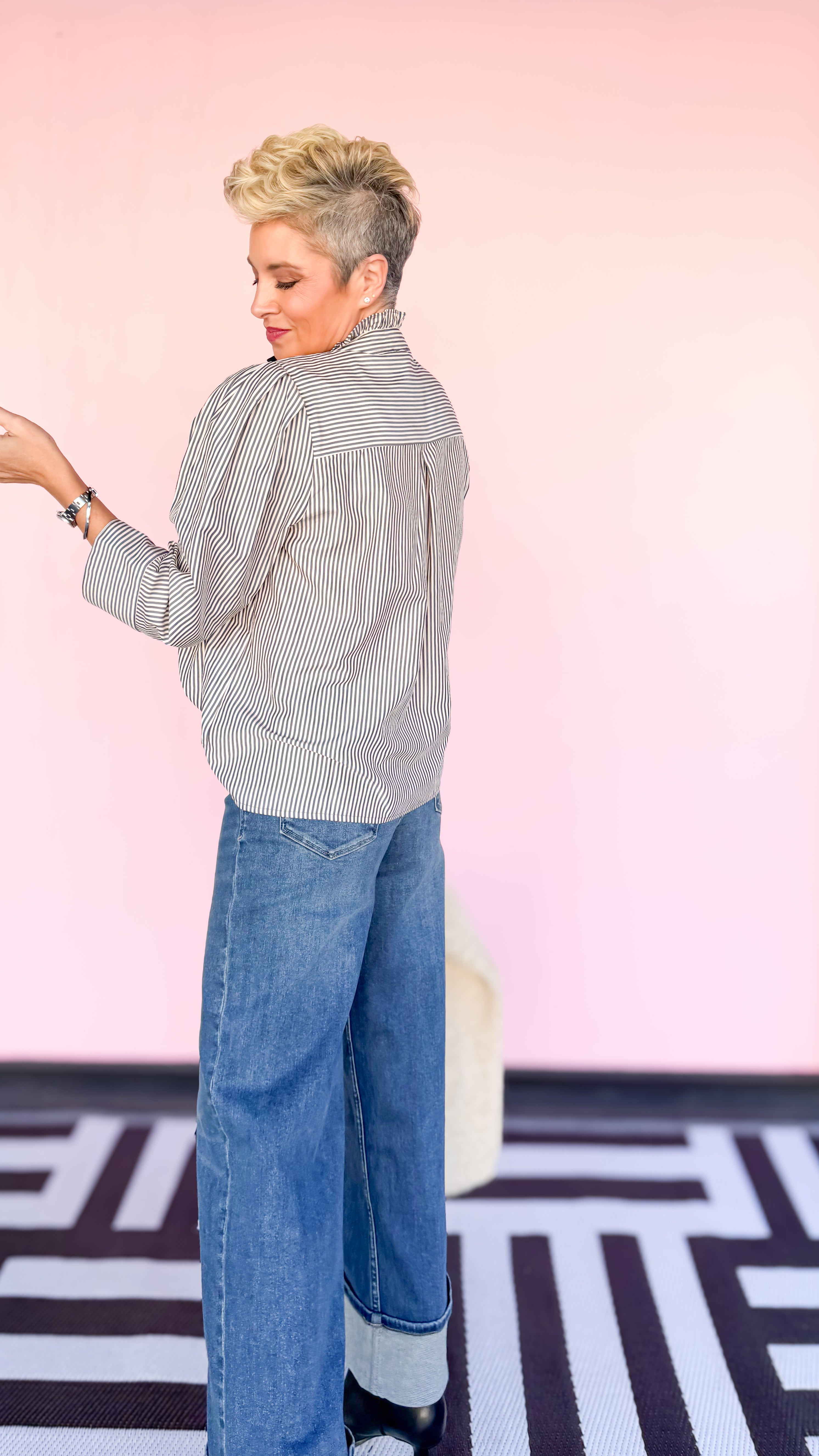 Striped 3/4 Sleeve Blouse/Navy