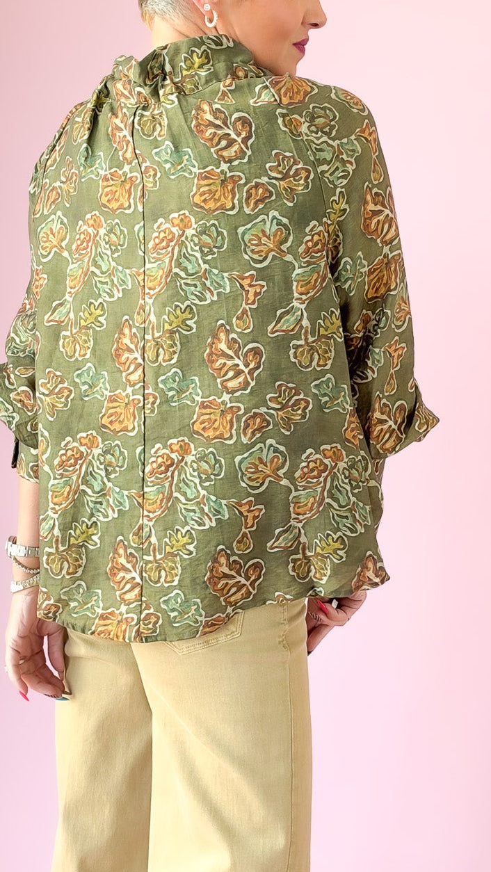 Ruffle Tie Neck Fall Leaves Top /Olive