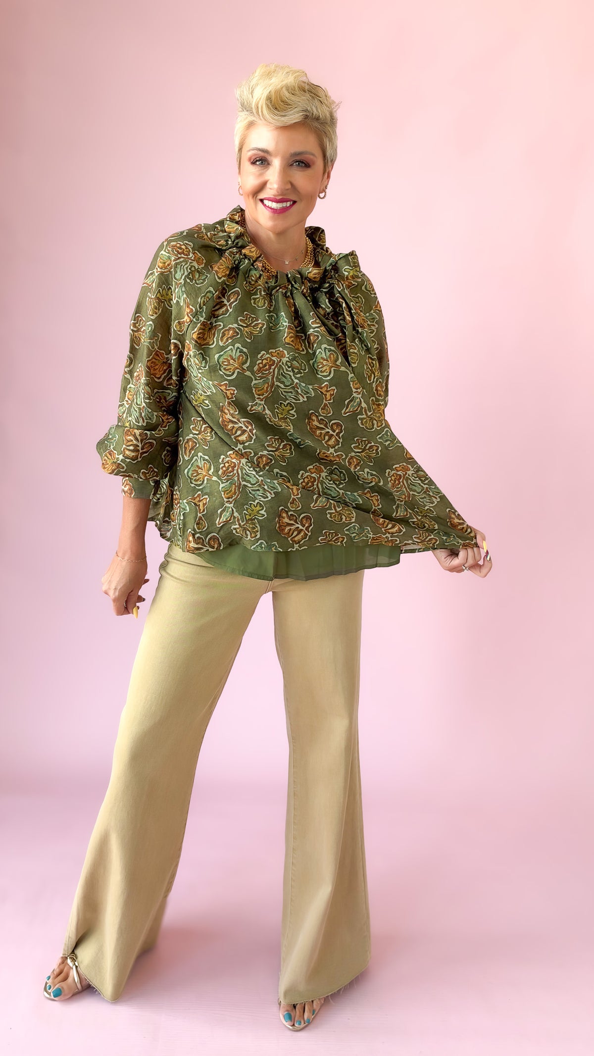 Ruffle Tie Neck Fall Leaves Top /Olive