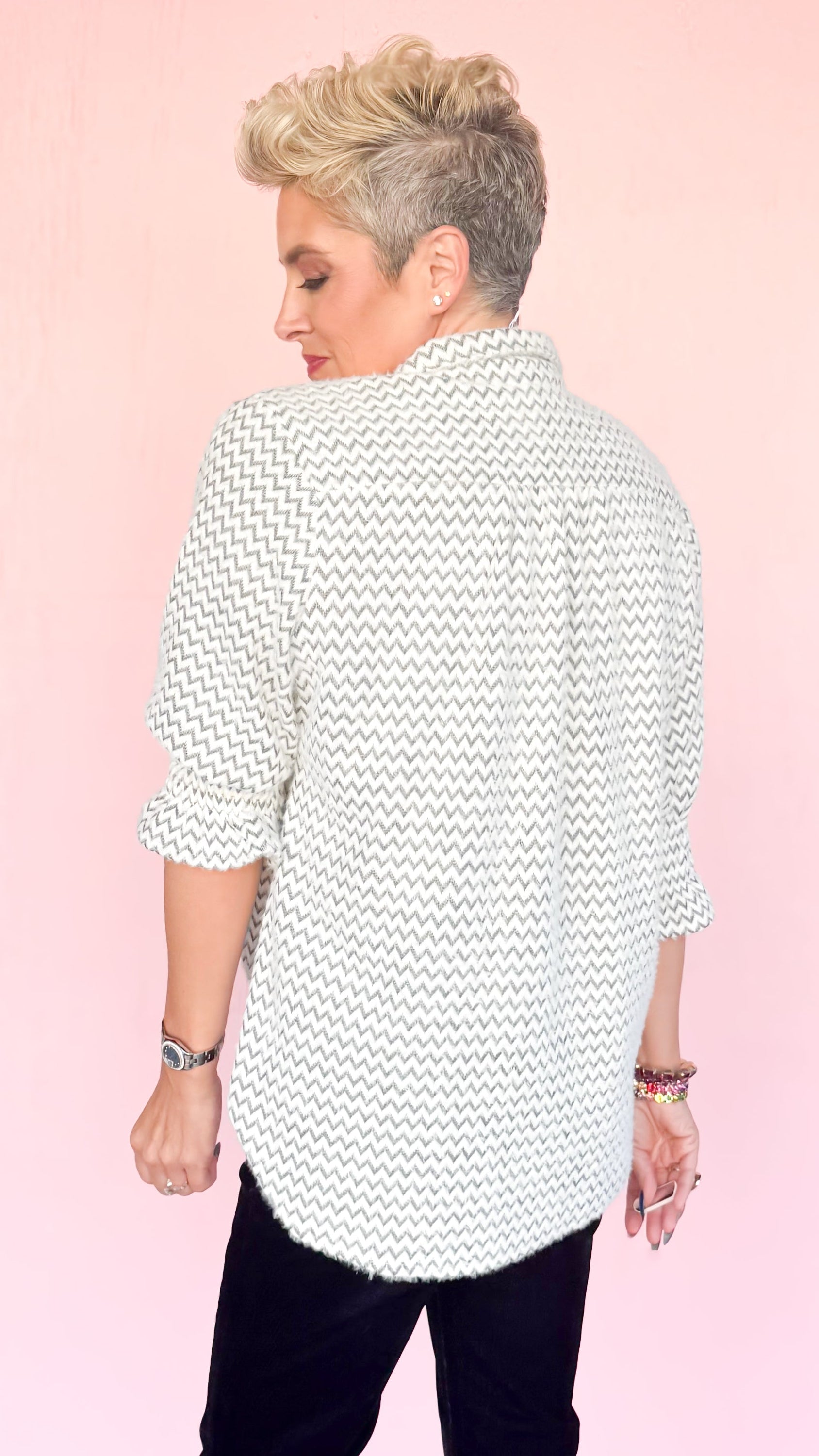 Fuzzy Chevron Button Down Top/Cream - The BLVD