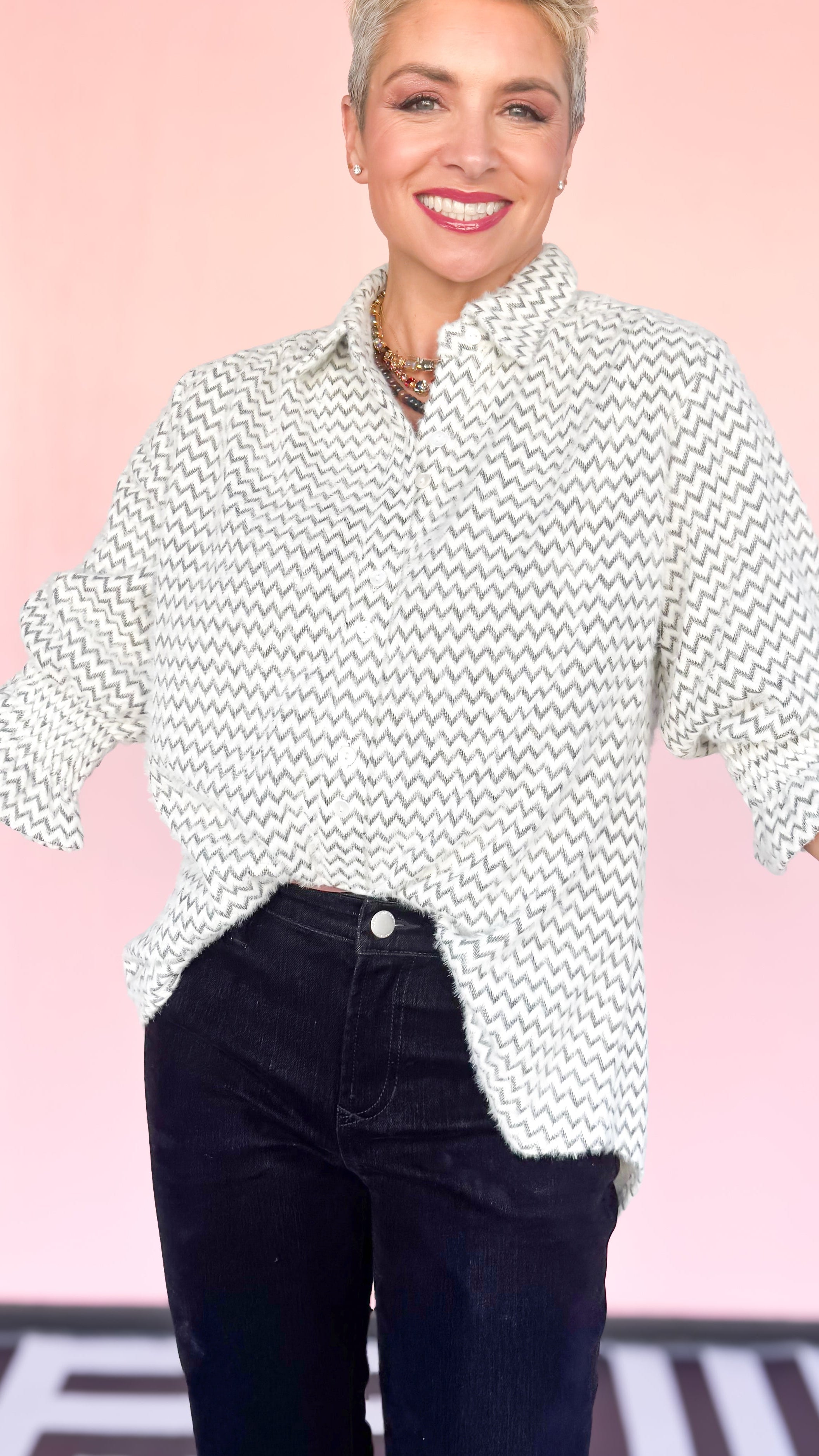 Fuzzy Chevron Button Down Top/Cream - The BLVD