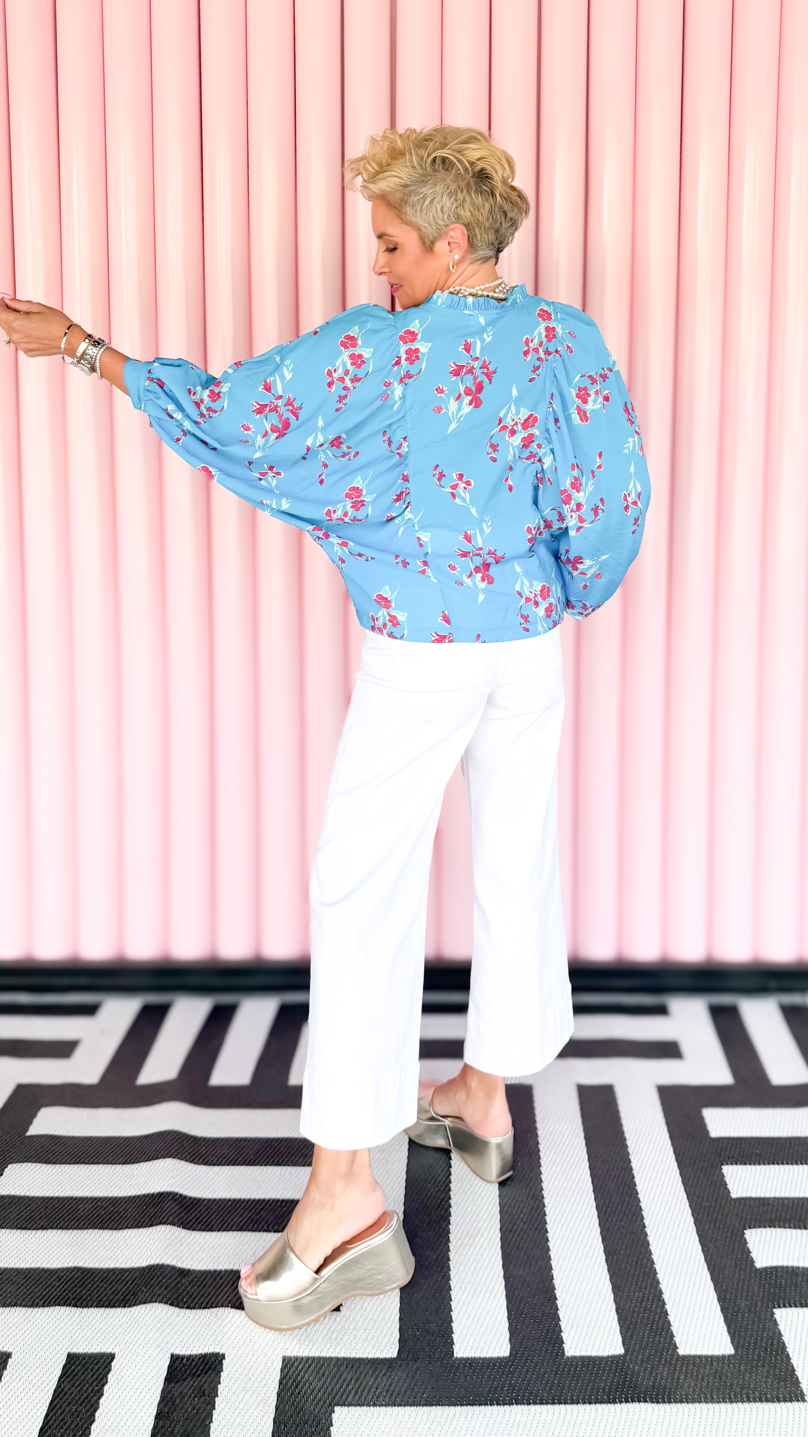 Dolman sleeve floral blouse worn on model - detail view - BLVD Boutik