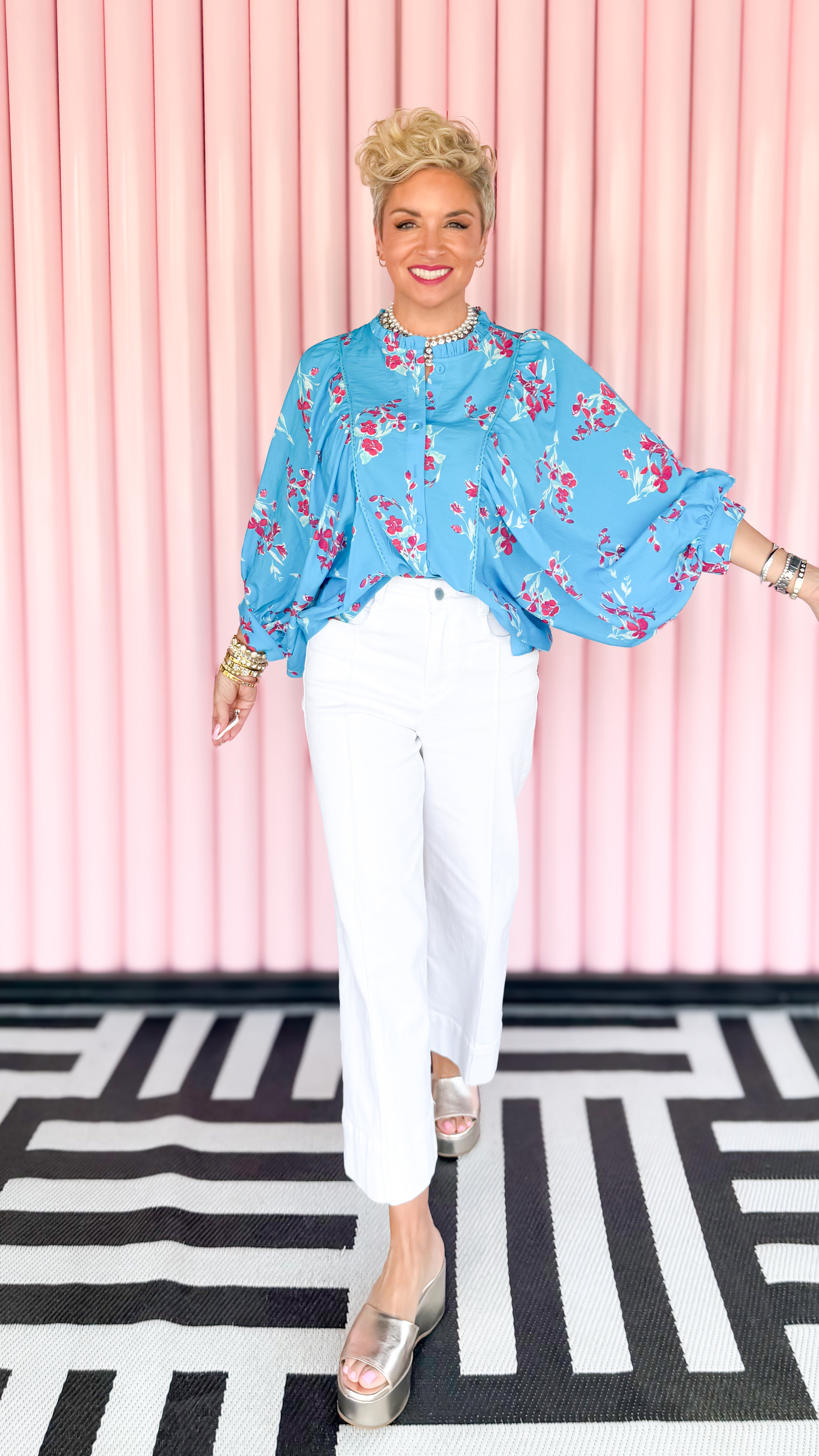 Dolman sleeve floral blouse worn on model - styled view - BLVD Boutik