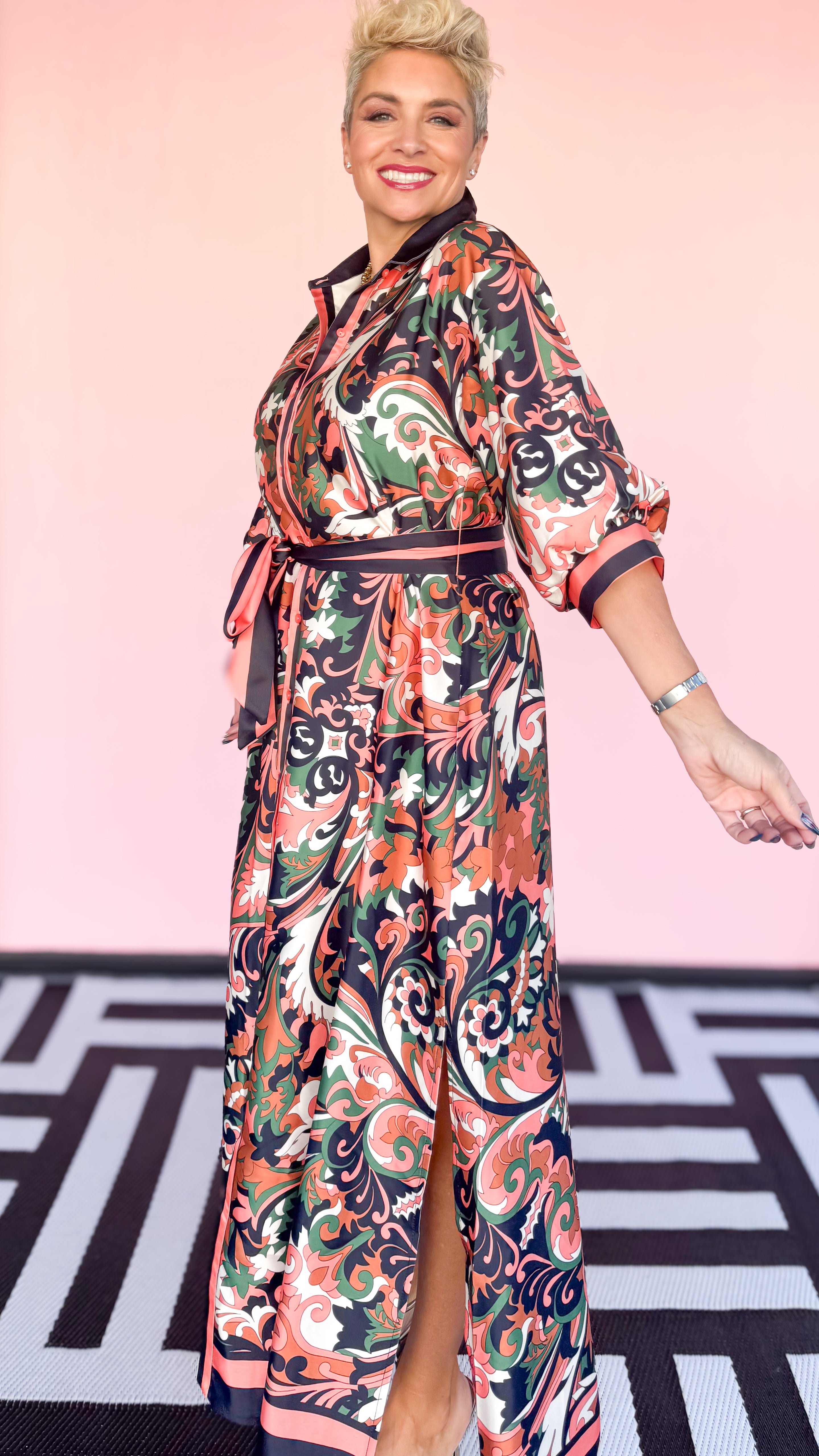 Maxi Belted Shirt Dress/Autumn Scroll - The BLVD