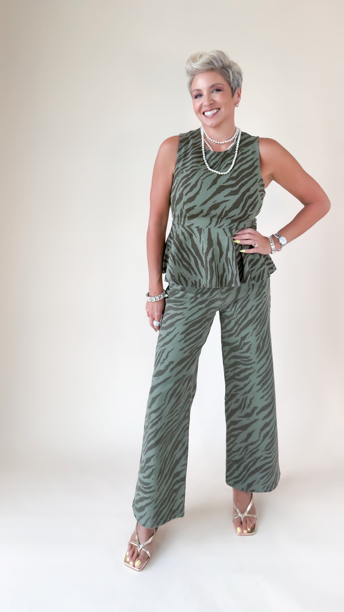 Zebra Peplum Top/Green
